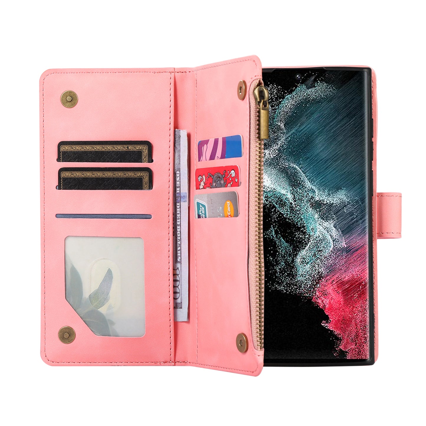For Samsung Galaxy S24 Ultra Case 9 Card Slots Zipper Pocket Wallet Leather Phone Shell with 2 Straps - Rose Gold