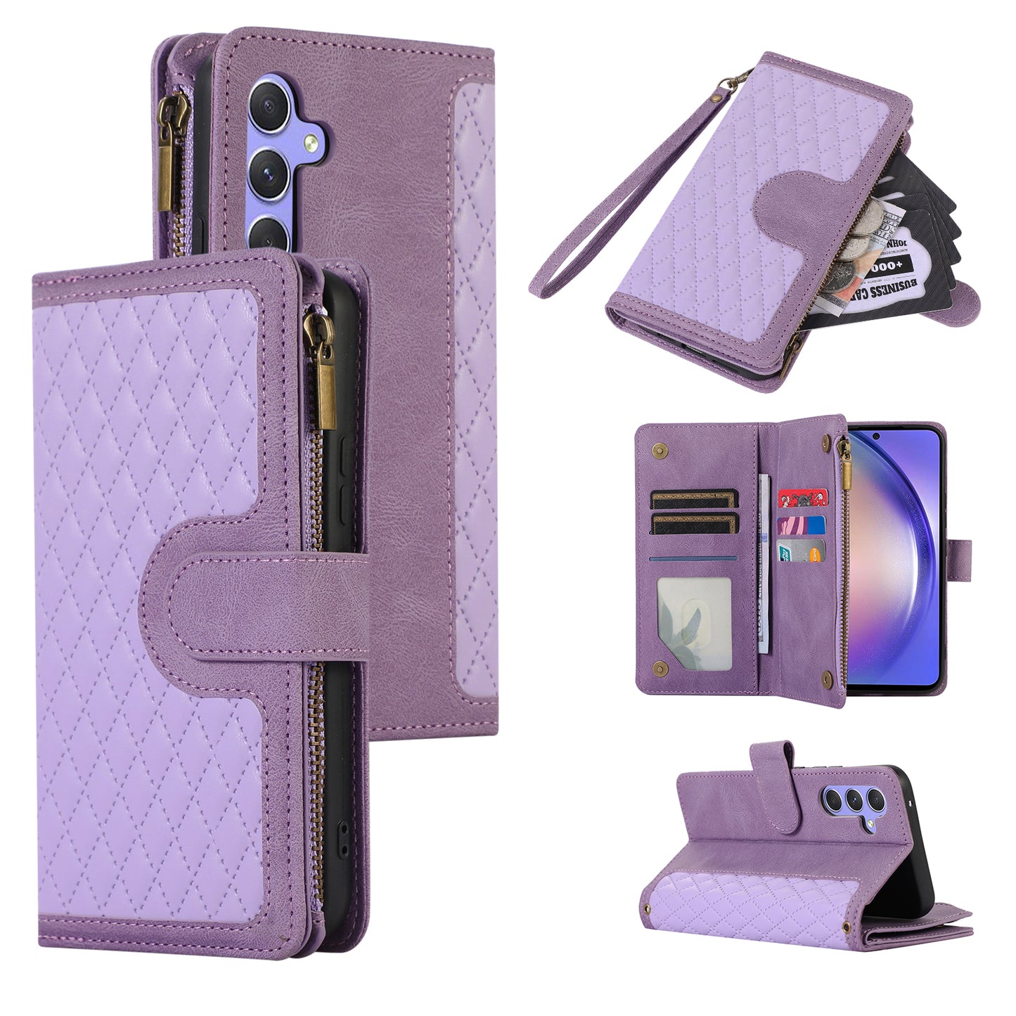 For Samsung Galaxy S24 Cell Phone Case 9 Card Slots Zipper Wallet Leather Stand Cover - Purple