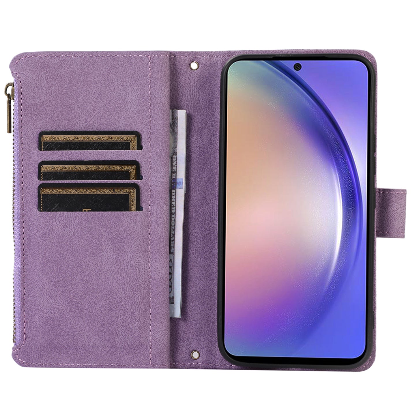 For Samsung Galaxy S24 Cell Phone Case 9 Card Slots Zipper Wallet Leather Stand Cover - Purple