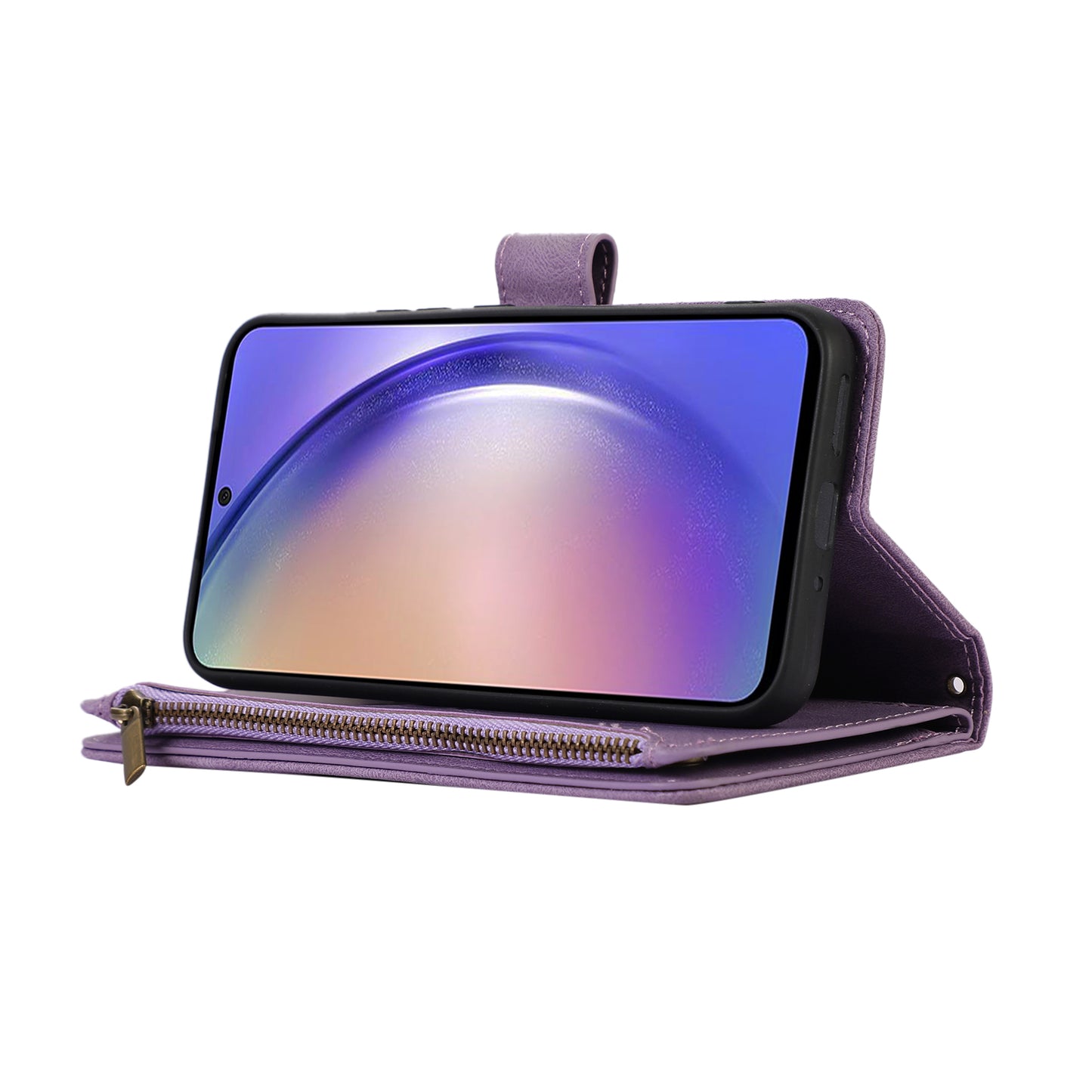 For Samsung Galaxy S24 Cell Phone Case 9 Card Slots Zipper Wallet Leather Stand Cover - Purple