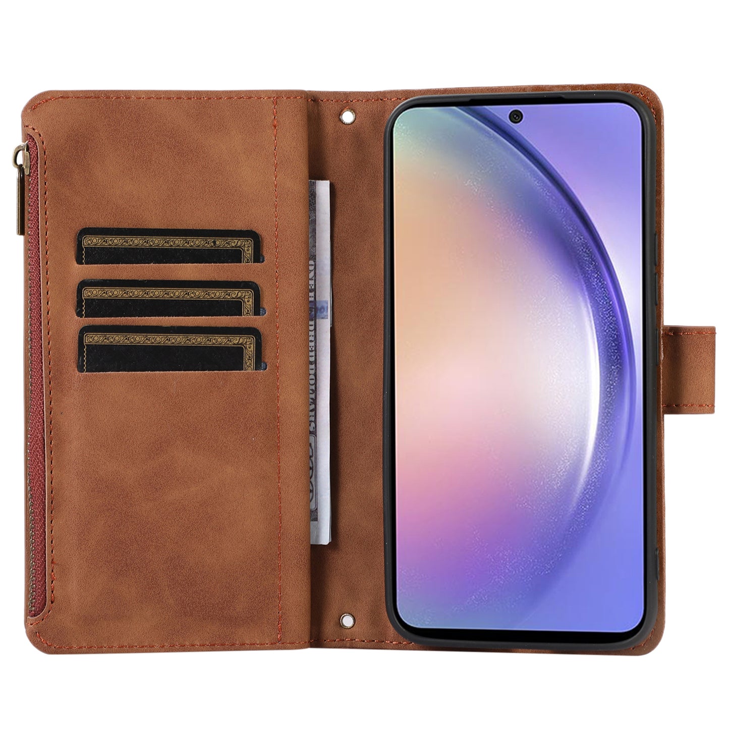 For Samsung Galaxy S24 Cell Phone Case 9 Card Slots Zipper Wallet Leather Stand Cover - Brown