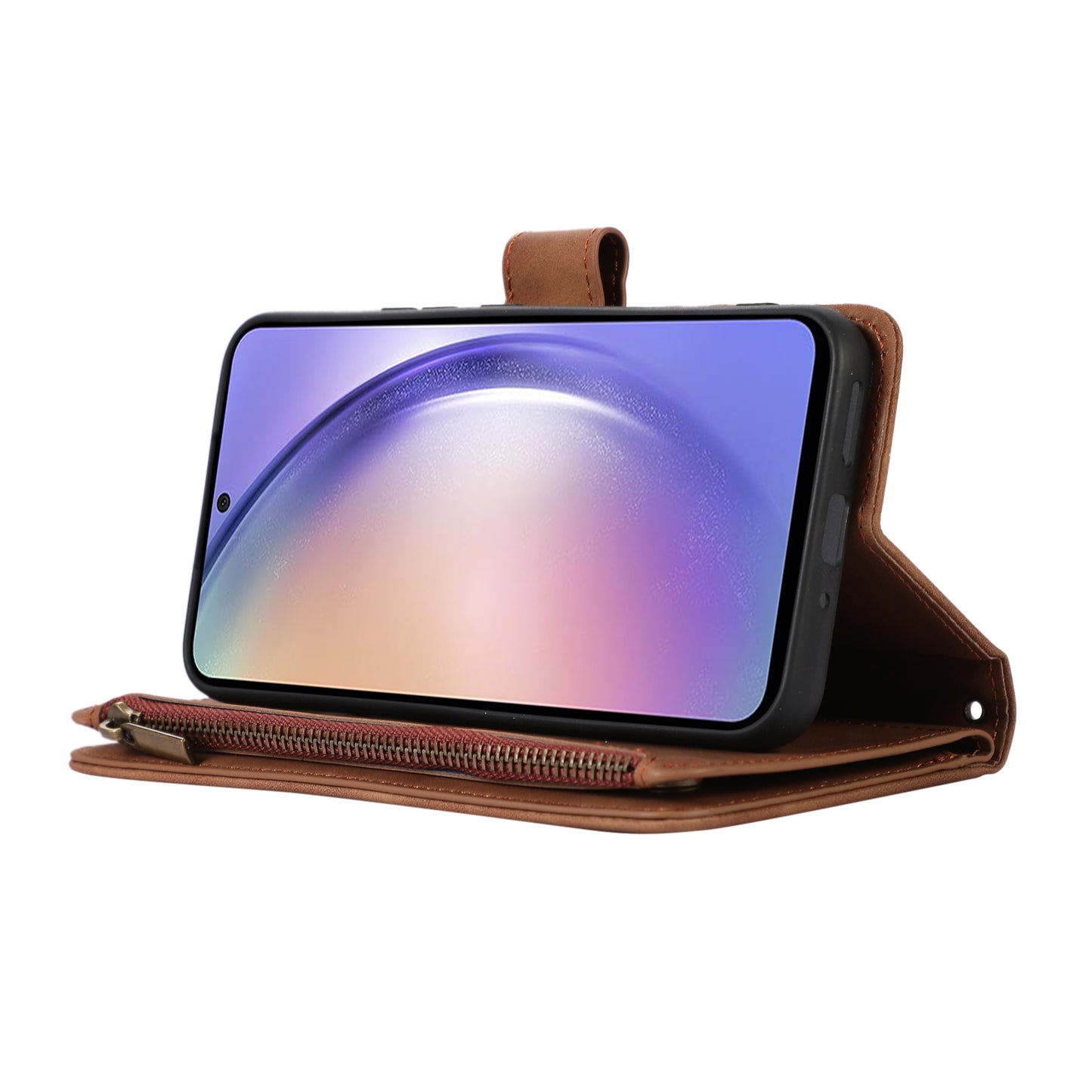 For Samsung Galaxy S24 Cell Phone Case 9 Card Slots Zipper Wallet Leather Stand Cover - Brown