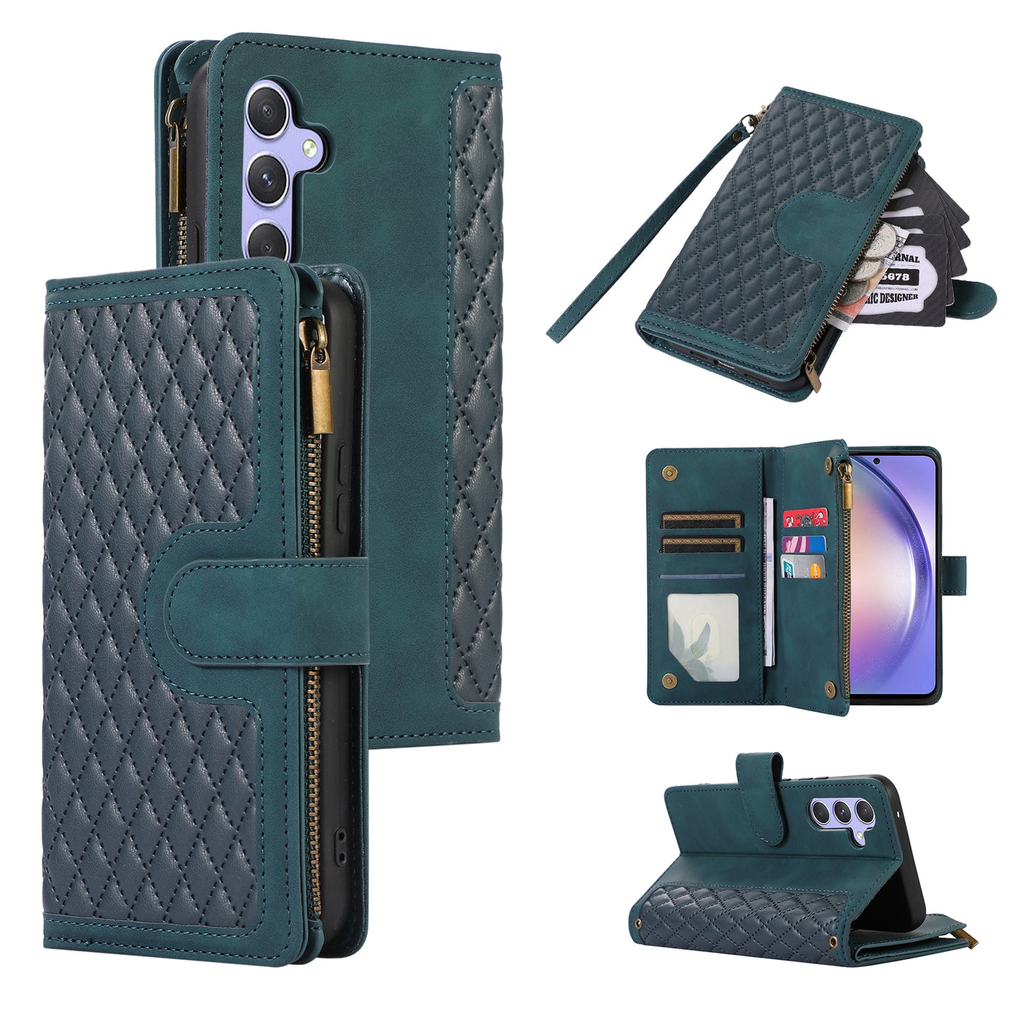 For Samsung Galaxy S24 Cell Phone Case 9 Card Slots Zipper Wallet Leather Stand Cover - Green