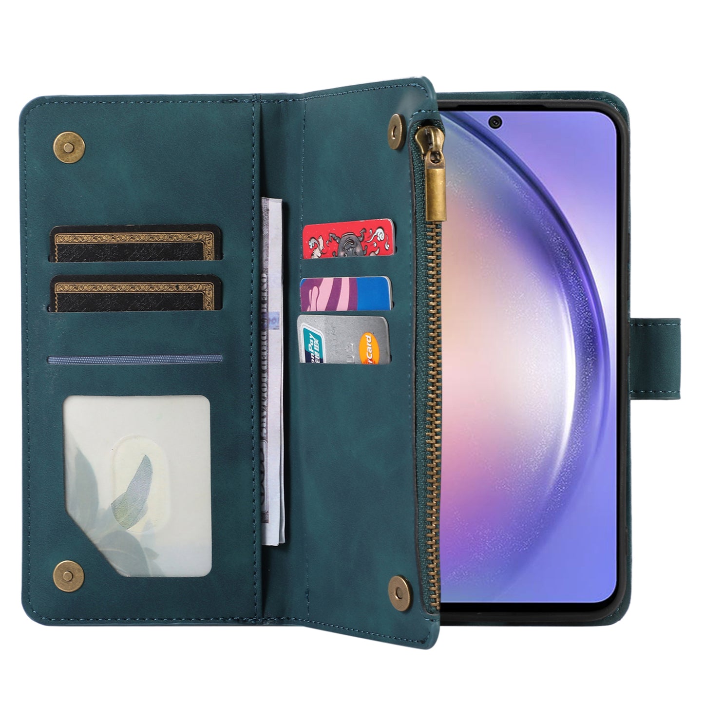 For Samsung Galaxy S24 Cell Phone Case 9 Card Slots Zipper Wallet Leather Stand Cover - Green