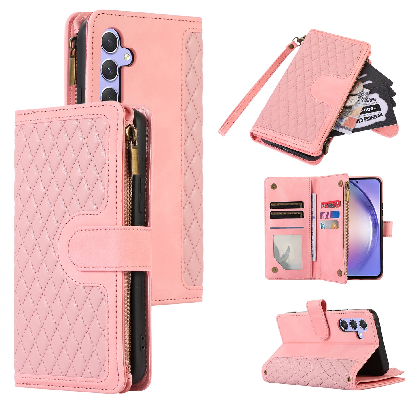 For Samsung Galaxy S24 Cell Phone Case 9 Card Slots Zipper Wallet Leather Stand Cover - Rose Gold