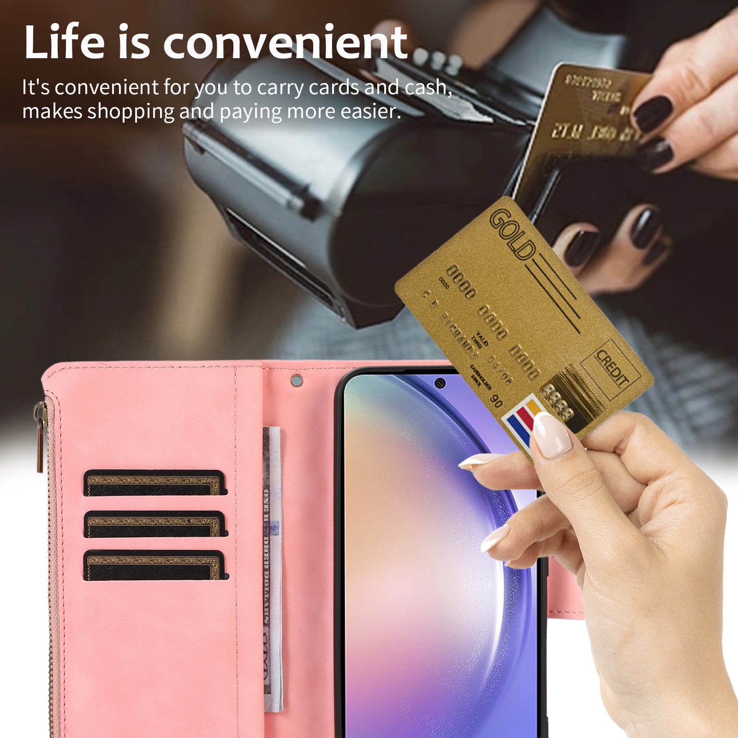 For Samsung Galaxy S24 Cell Phone Case 9 Card Slots Zipper Wallet Leather Stand Cover - Rose Gold