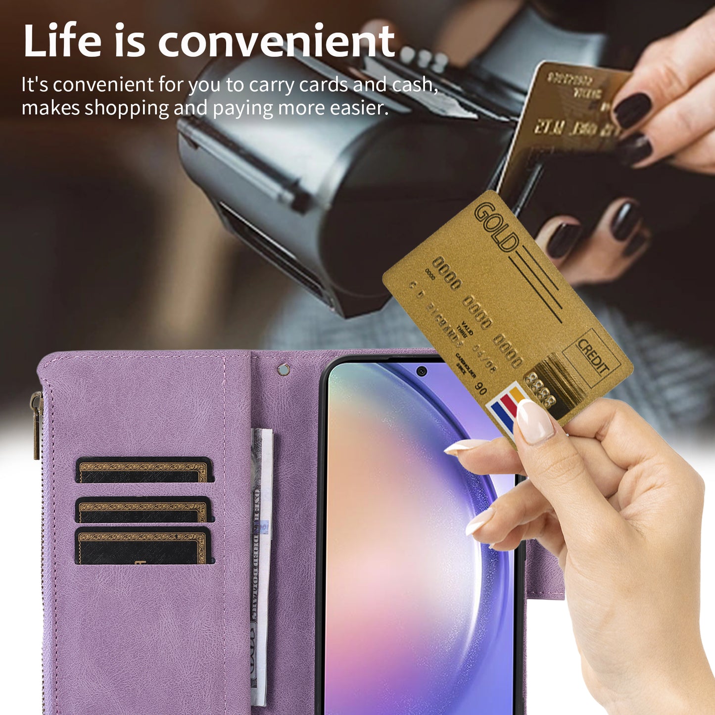 For Samsung Galaxy S24+ Cell Phone Case Imprinted Zipper Wallet Leather Anti-drop Shell - Purple