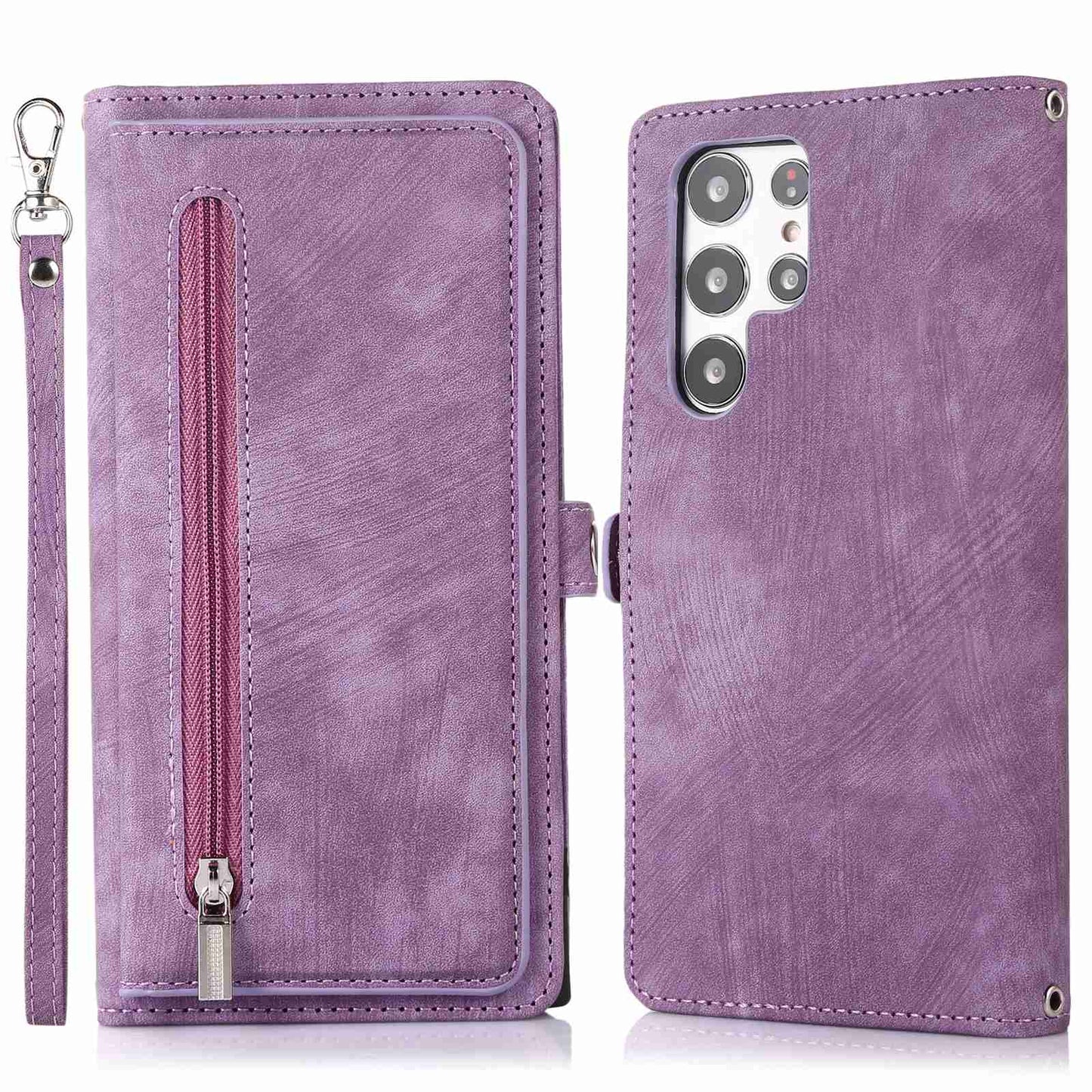 For Samsung Galaxy S24 Ultra Case PU Leather 9 Card Slots Phone Cover with Shoulder Strap - Purple