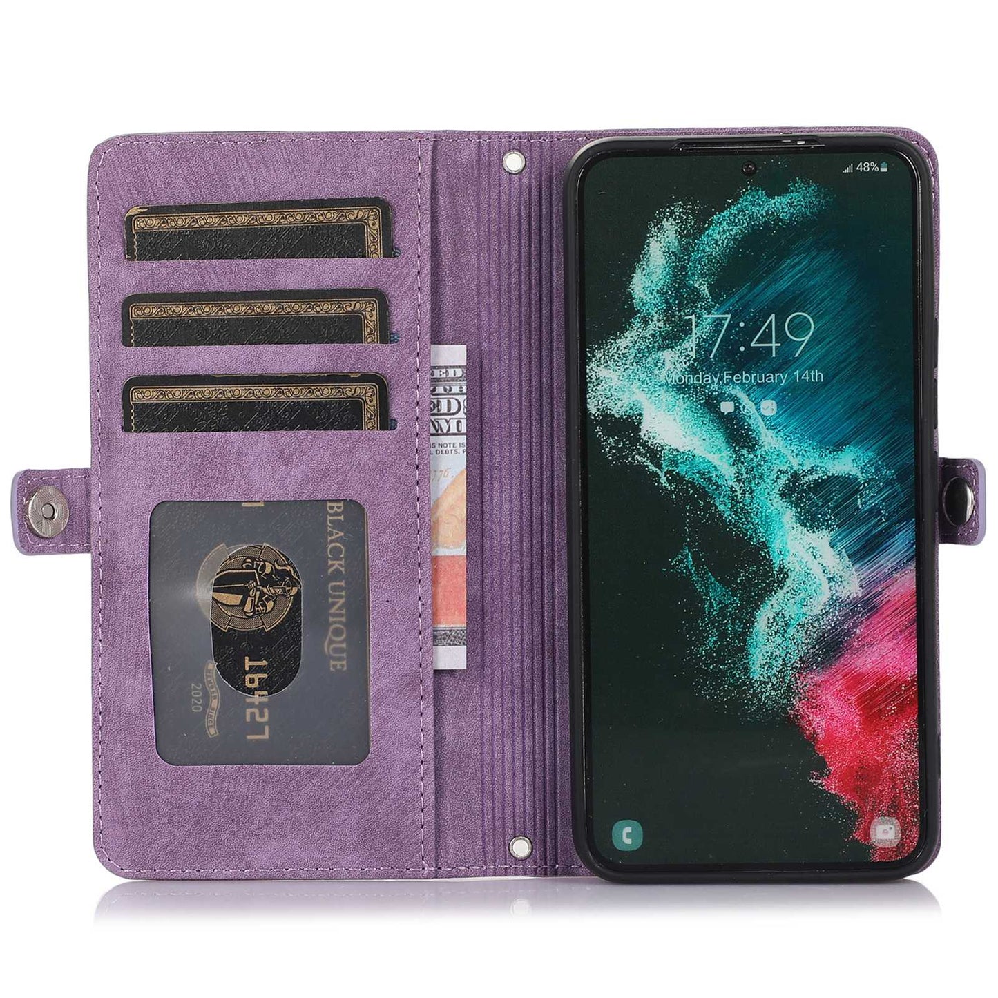 For Samsung Galaxy S24 Ultra Case PU Leather 9 Card Slots Phone Cover with Shoulder Strap - Purple