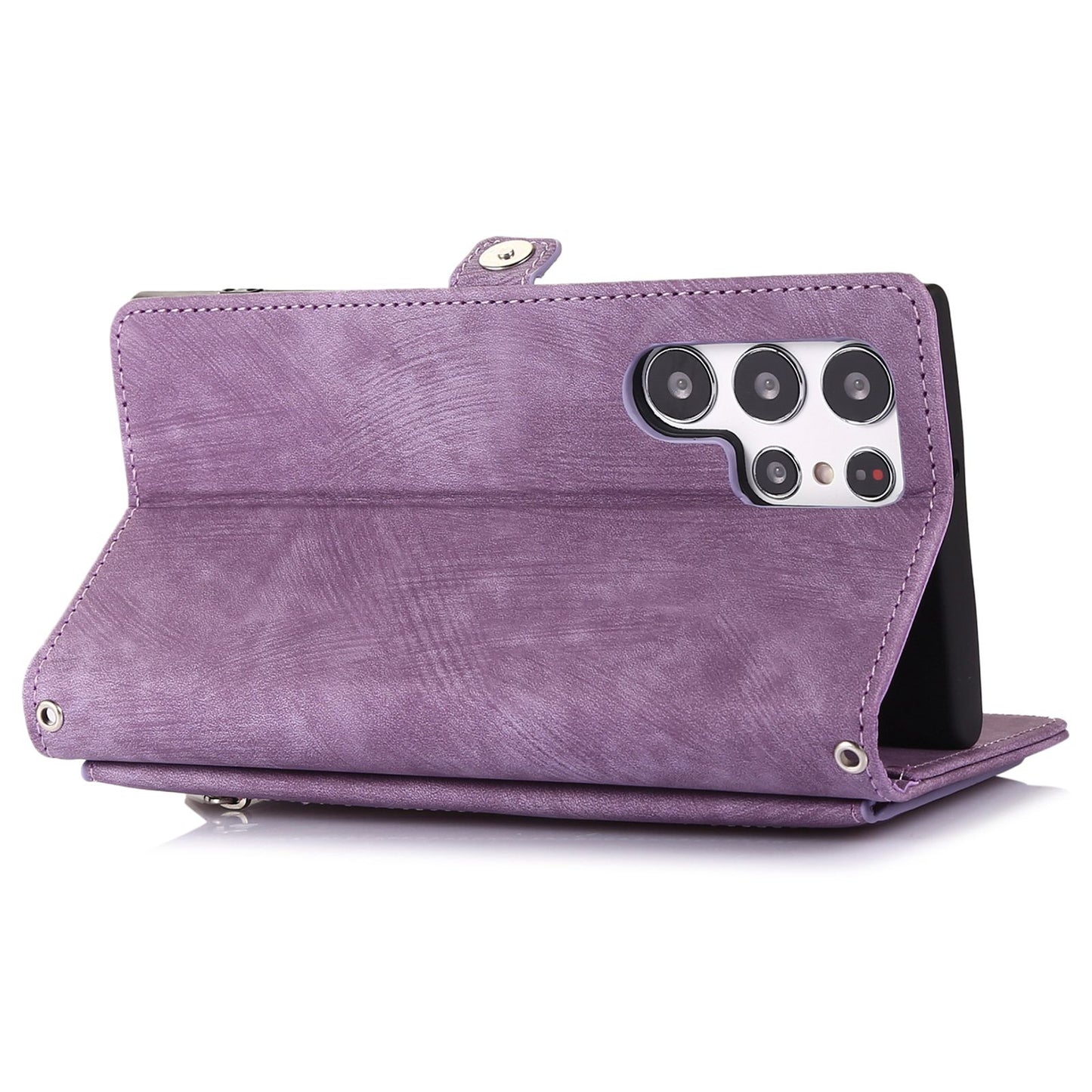 For Samsung Galaxy S24 Ultra Case PU Leather 9 Card Slots Phone Cover with Shoulder Strap - Purple