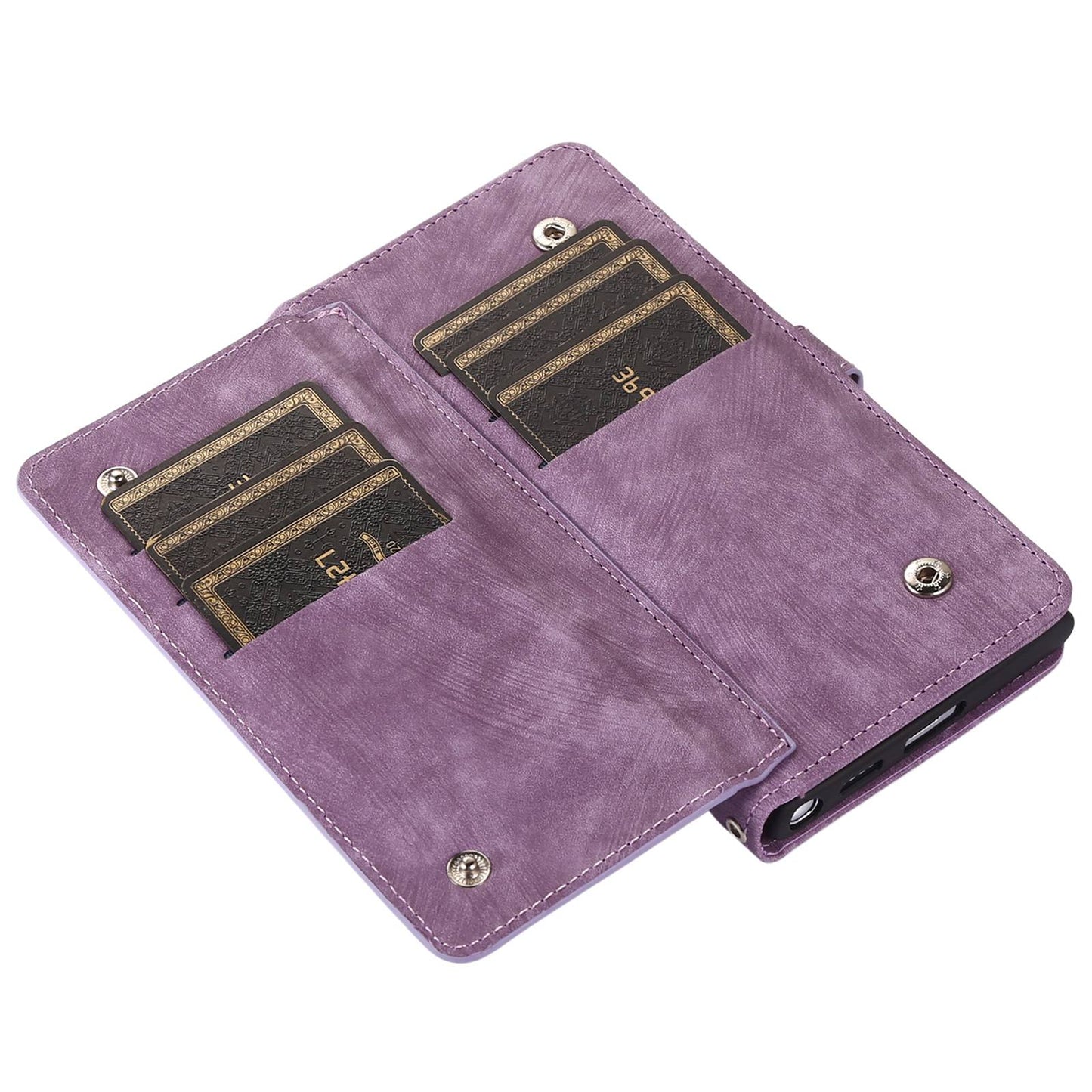 For Samsung Galaxy S24 Ultra Case PU Leather 9 Card Slots Phone Cover with Shoulder Strap - Purple
