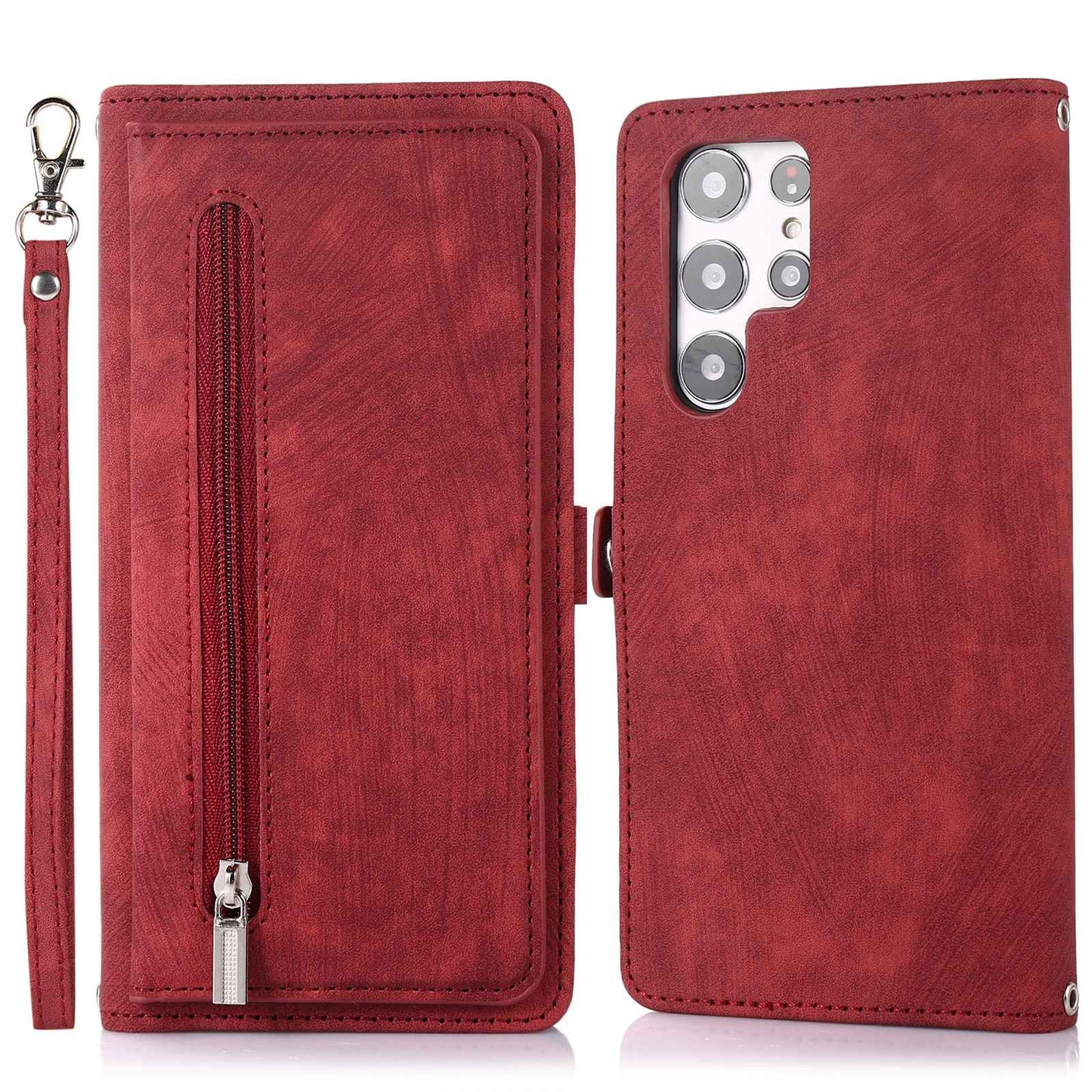 For Samsung Galaxy S24 Ultra Case PU Leather 9 Card Slots Phone Cover with Shoulder Strap - Red
