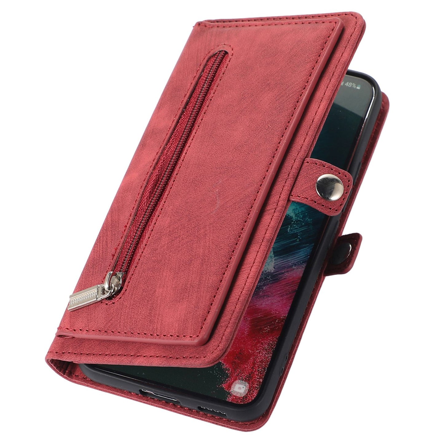 For Samsung Galaxy S24 Ultra Case PU Leather 9 Card Slots Phone Cover with Shoulder Strap - Red