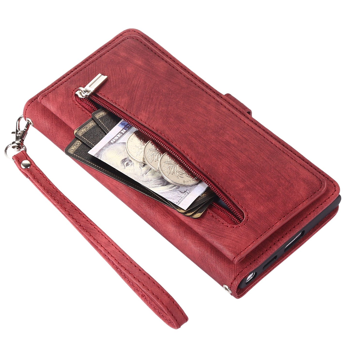 For Samsung Galaxy S24 Ultra Case PU Leather 9 Card Slots Phone Cover with Shoulder Strap - Red