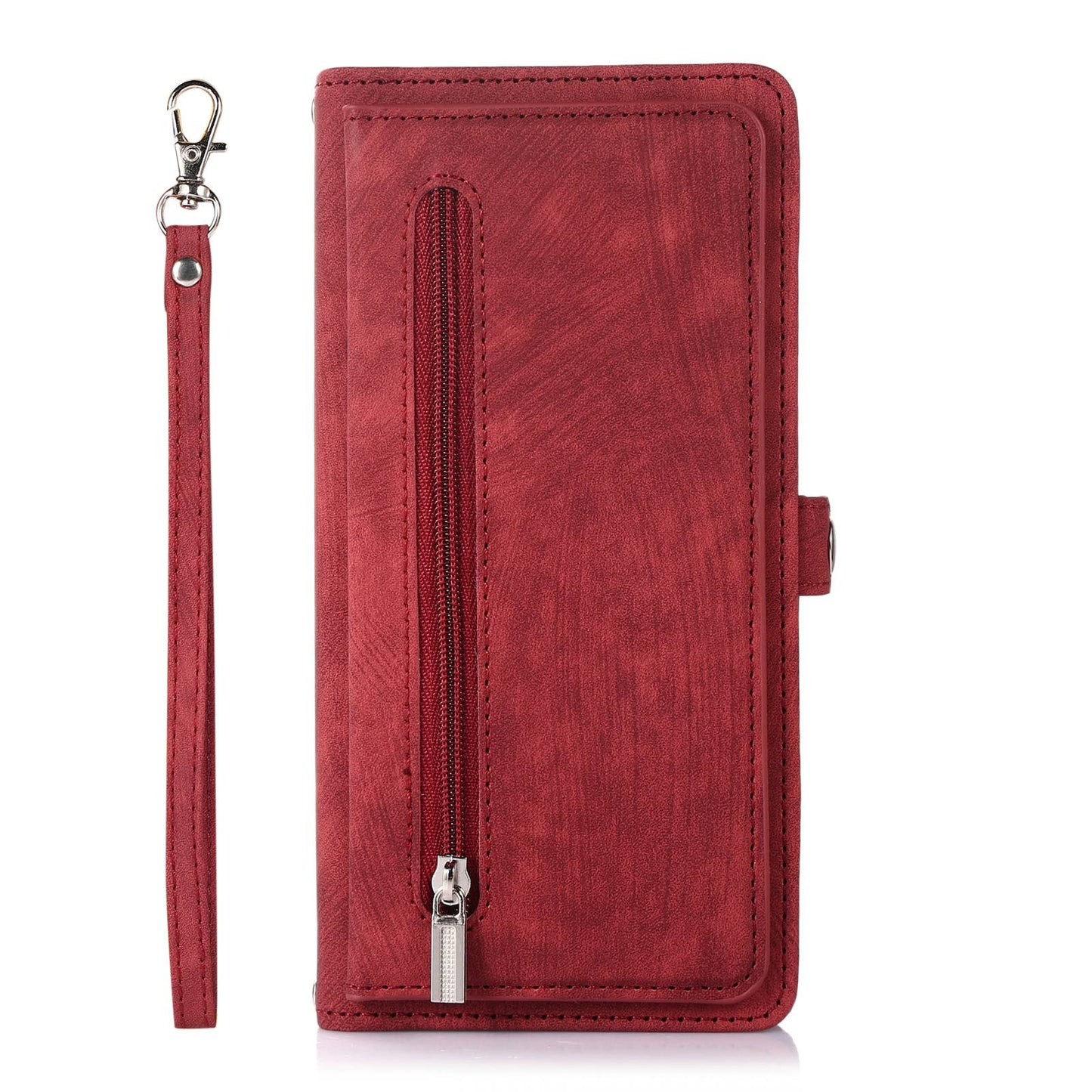 For Samsung Galaxy S24 Ultra Case PU Leather 9 Card Slots Phone Cover with Shoulder Strap - Red