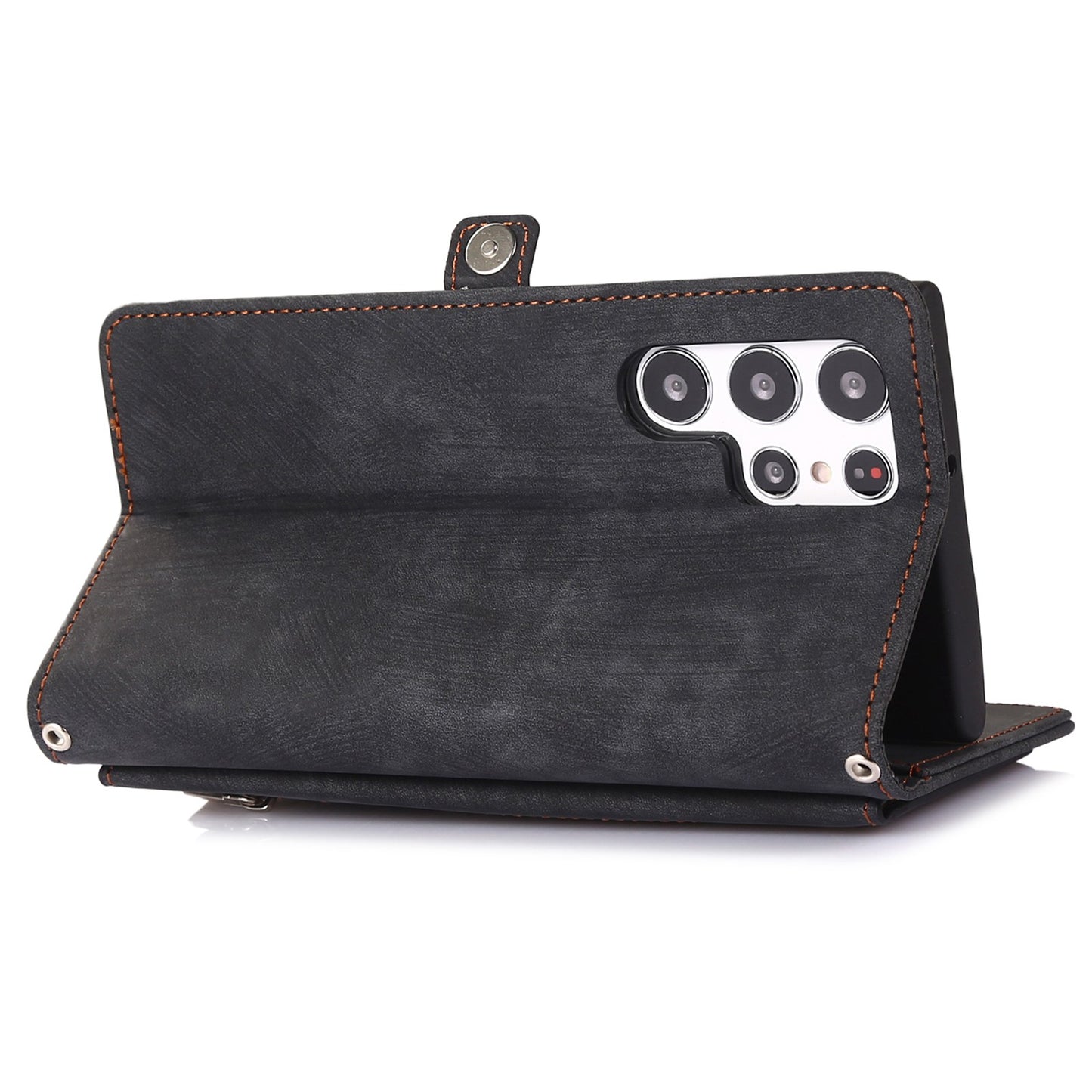 For Samsung Galaxy S24 Ultra Case PU Leather 9 Card Slots Phone Cover with Shoulder Strap - Black