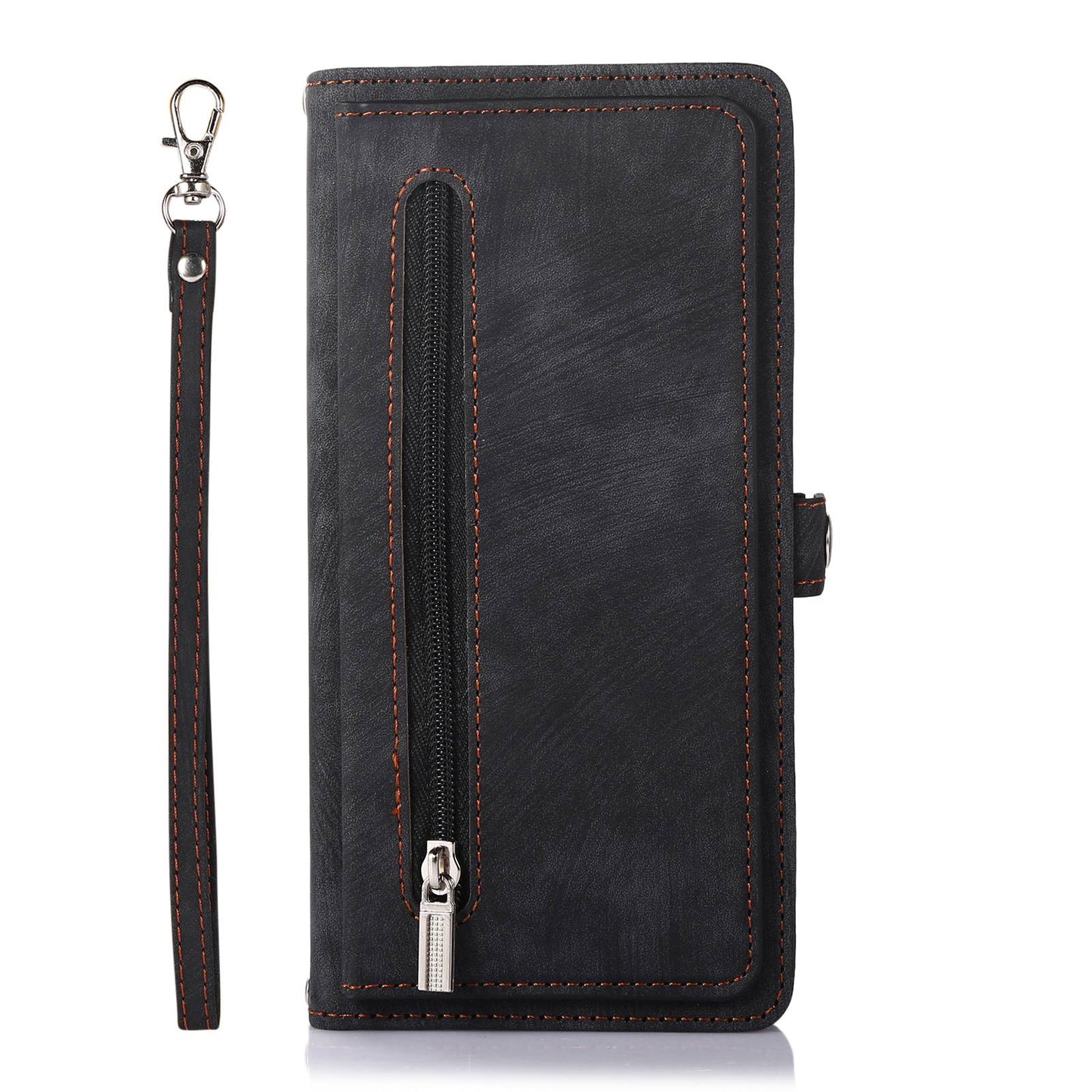 For Samsung Galaxy S24 Ultra Case PU Leather 9 Card Slots Phone Cover with Shoulder Strap - Black