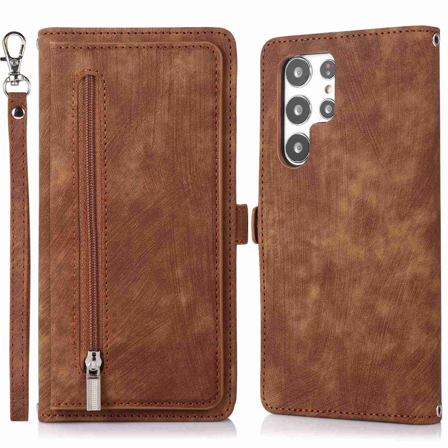 For Samsung Galaxy S24 Ultra Case PU Leather 9 Card Slots Phone Cover with Shoulder Strap - Brown
