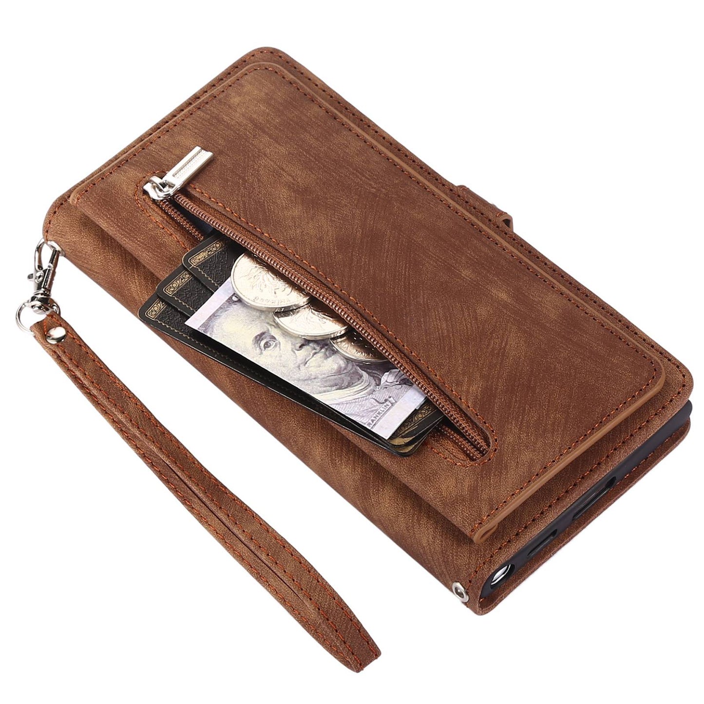 For Samsung Galaxy S24 Ultra Case PU Leather 9 Card Slots Phone Cover with Shoulder Strap - Brown