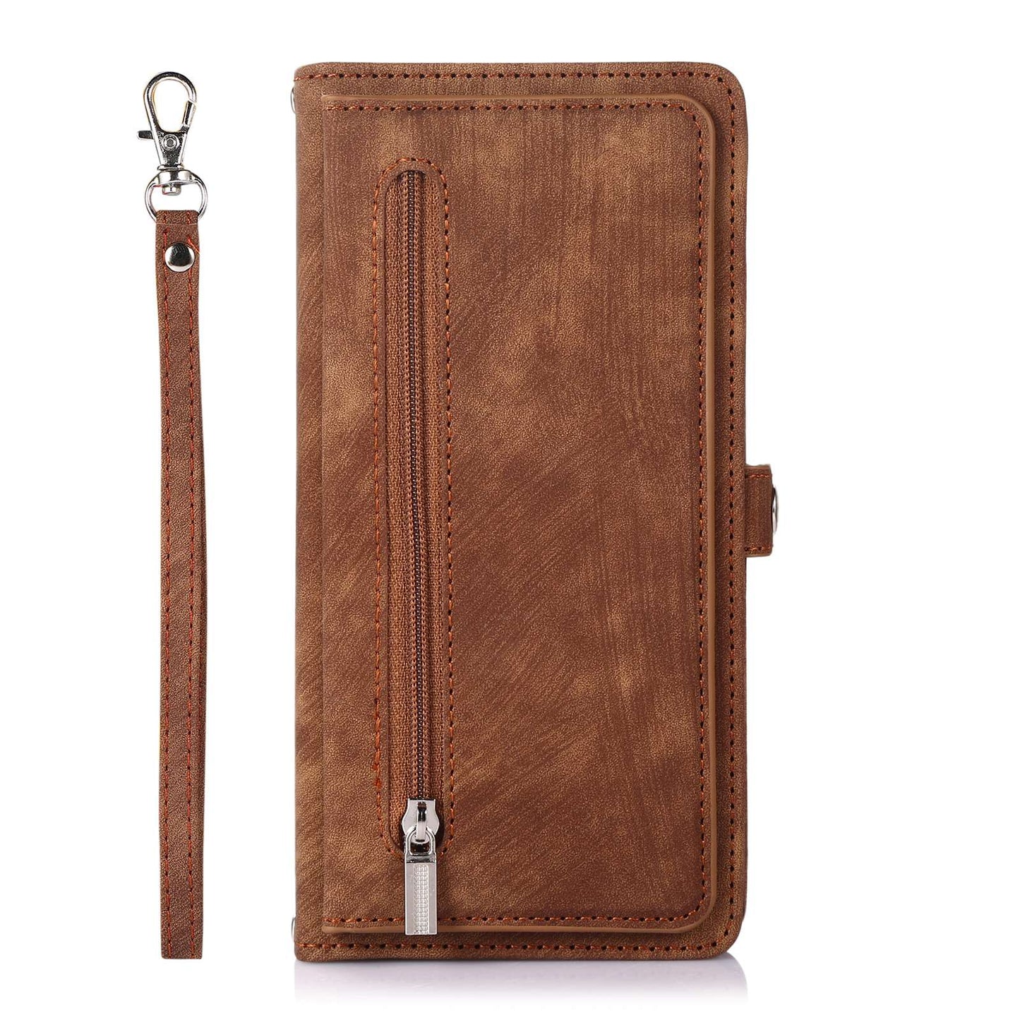 For Samsung Galaxy S24 Ultra Case PU Leather 9 Card Slots Phone Cover with Shoulder Strap - Brown