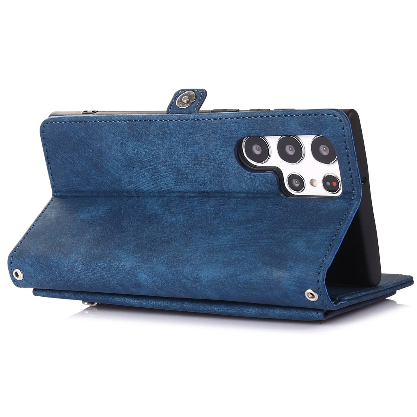 For Samsung Galaxy S24 Ultra Case PU Leather 9 Card Slots Phone Cover with Shoulder Strap - Blue
