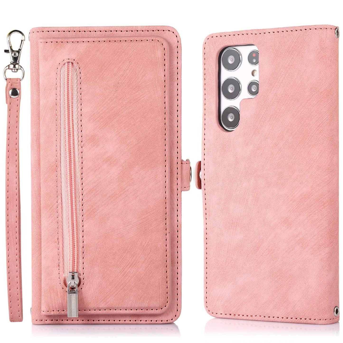 For Samsung Galaxy S24 Ultra Case PU Leather 9 Card Slots Phone Cover with Shoulder Strap - Rose Gold