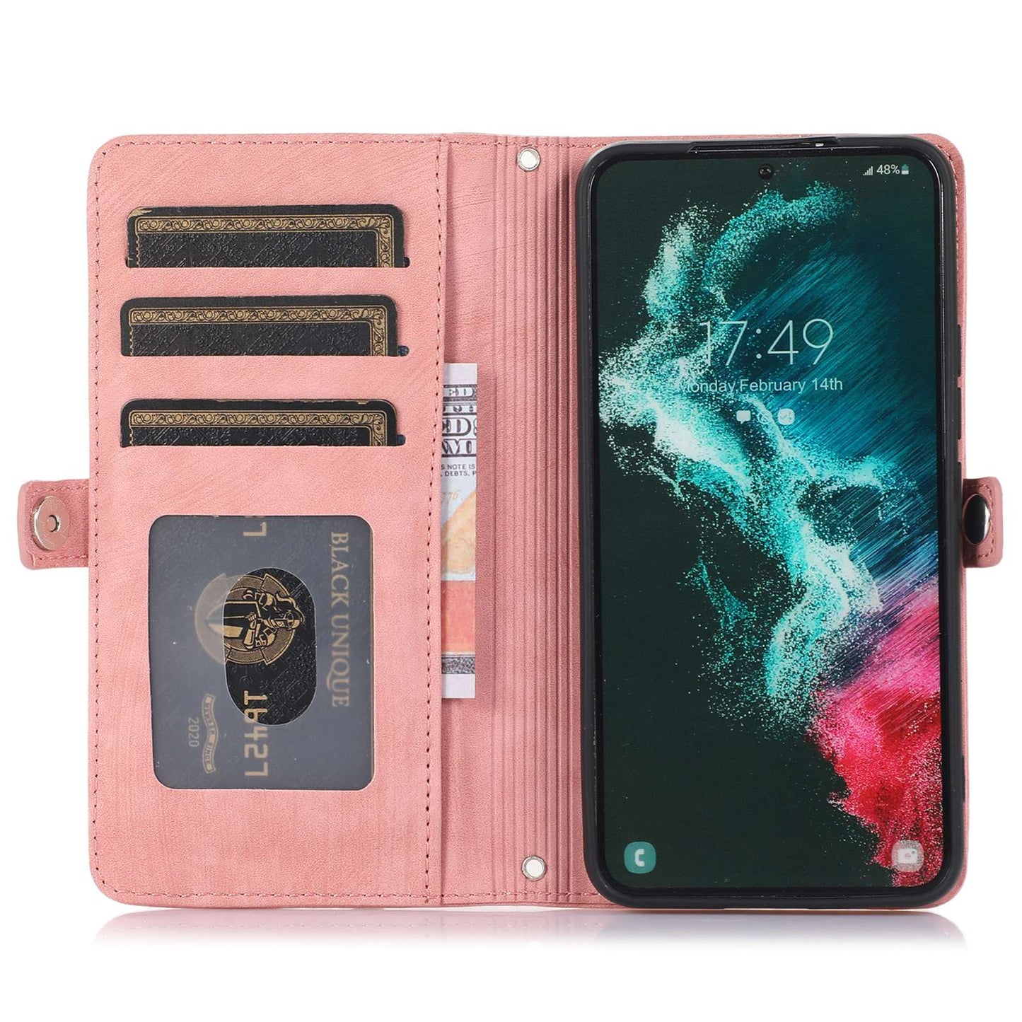 For Samsung Galaxy S24 Ultra Case PU Leather 9 Card Slots Phone Cover with Shoulder Strap - Rose Gold