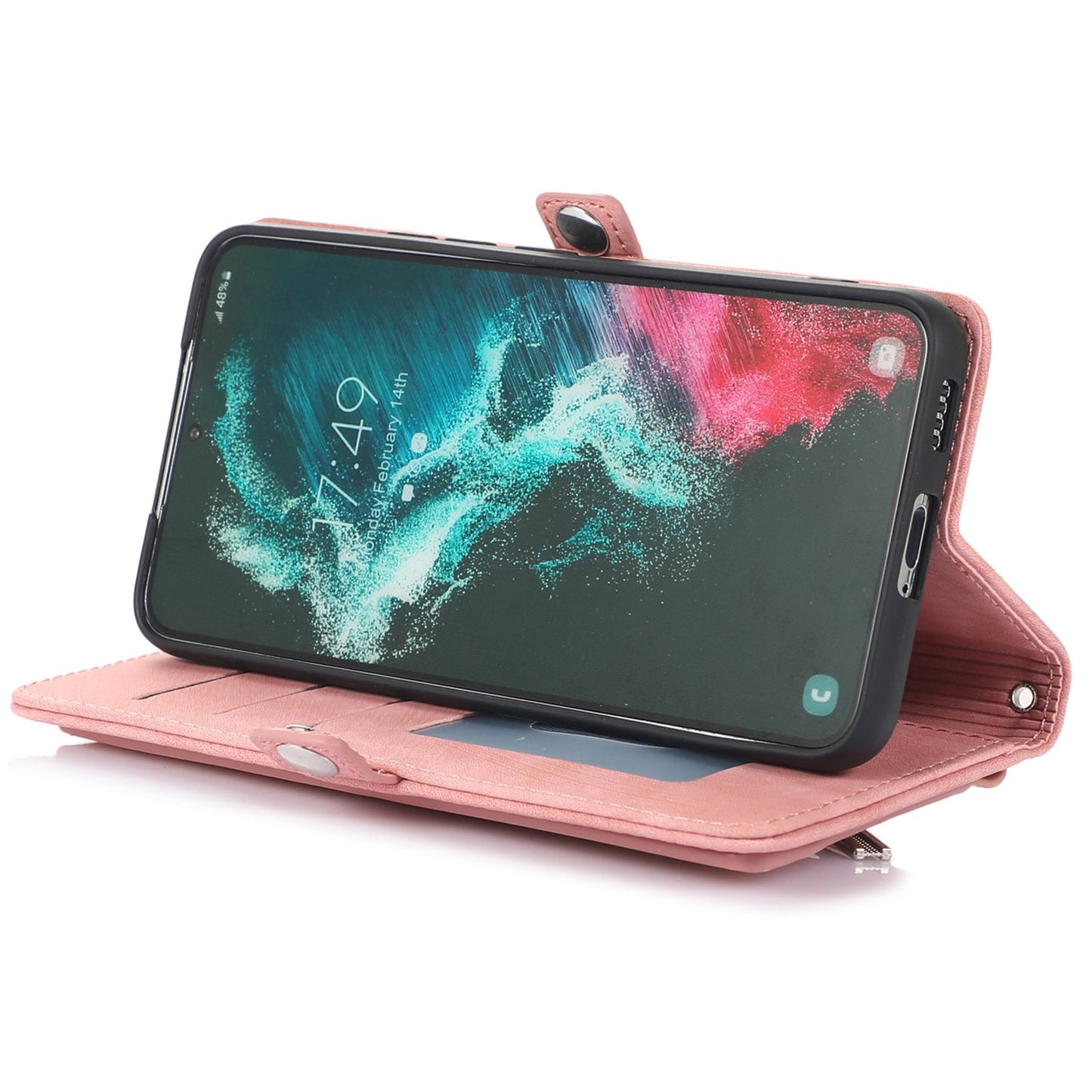 For Samsung Galaxy S24 Ultra Case PU Leather 9 Card Slots Phone Cover with Shoulder Strap - Rose Gold