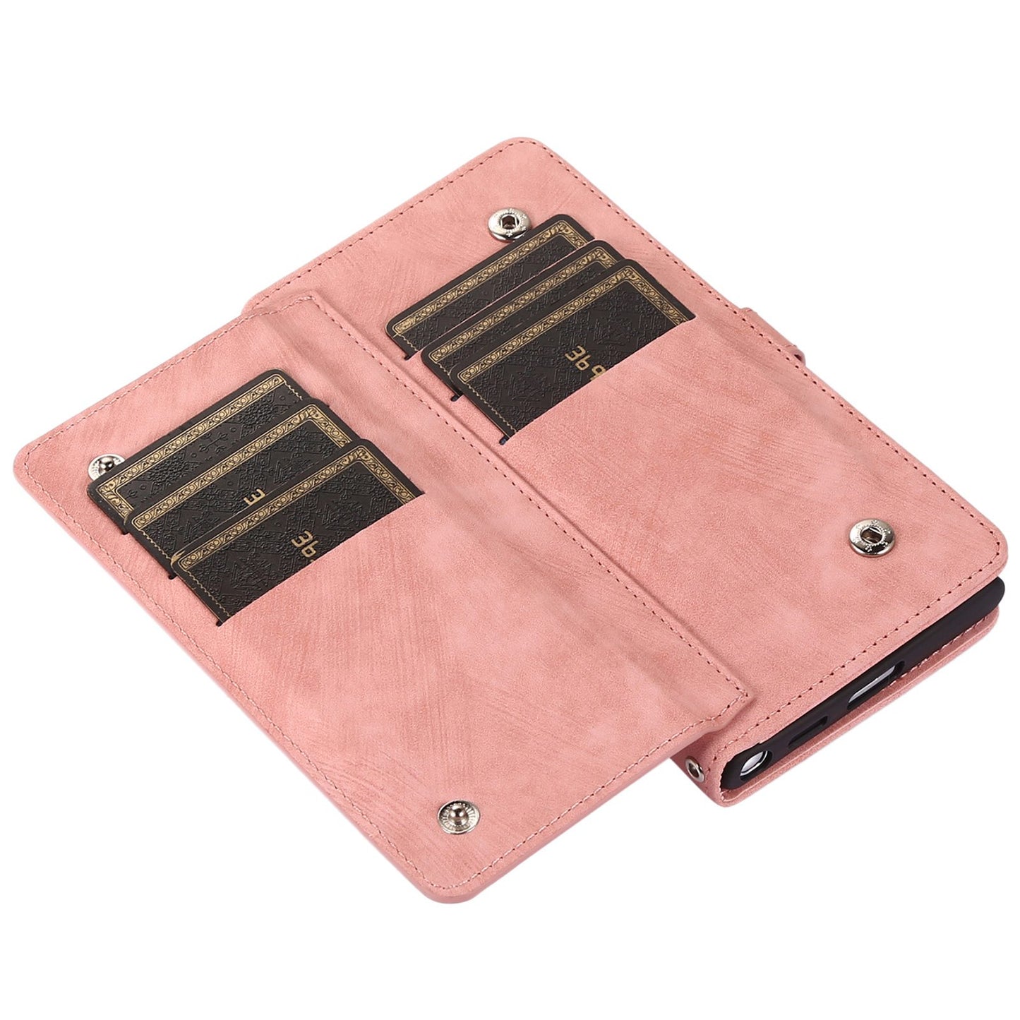 For Samsung Galaxy S24 Ultra Case PU Leather 9 Card Slots Phone Cover with Shoulder Strap - Rose Gold