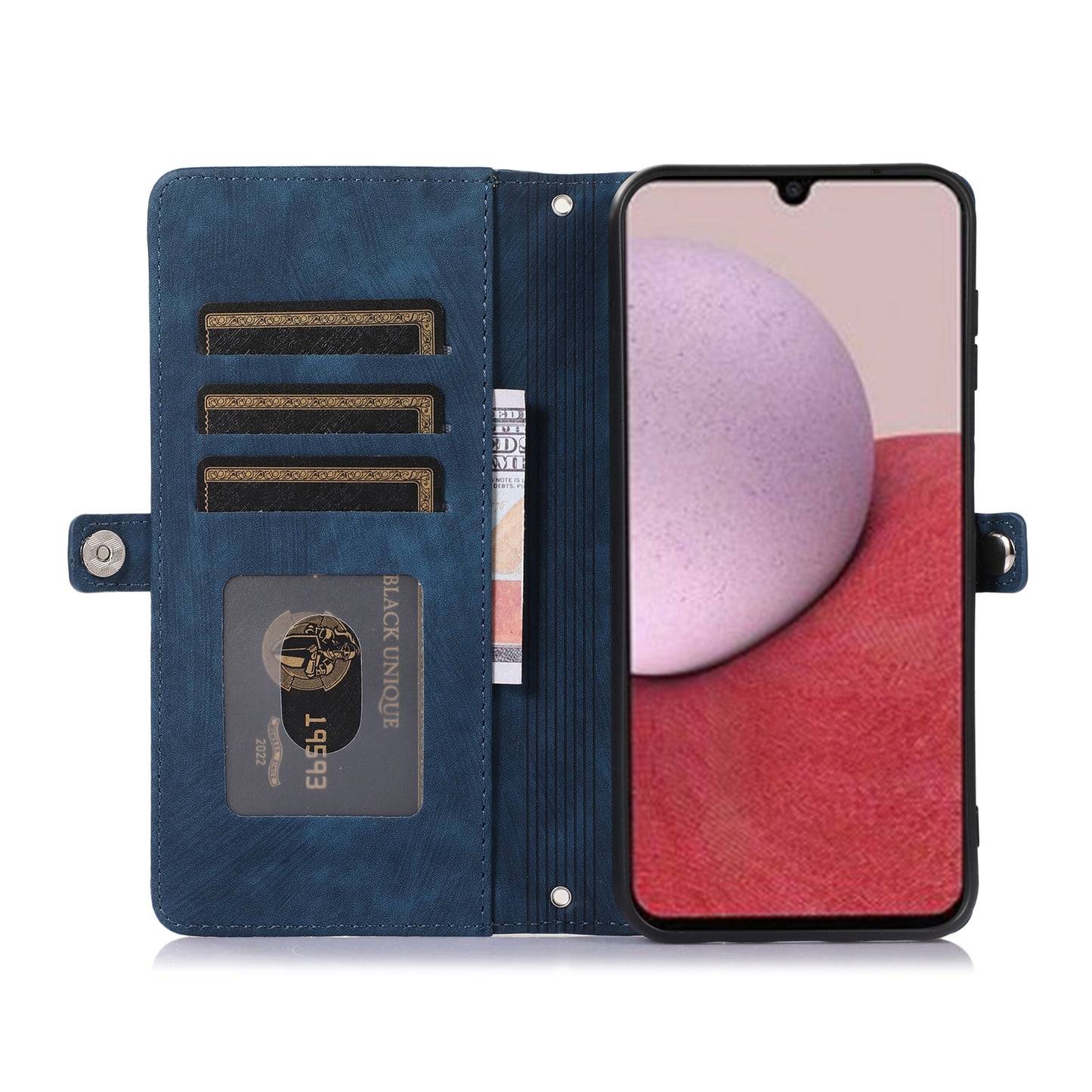 For Samsung Galaxy S24 Magnetic Phone Case PU Leather Cover with 9 Card Slots and Shoulder Strap - Blue