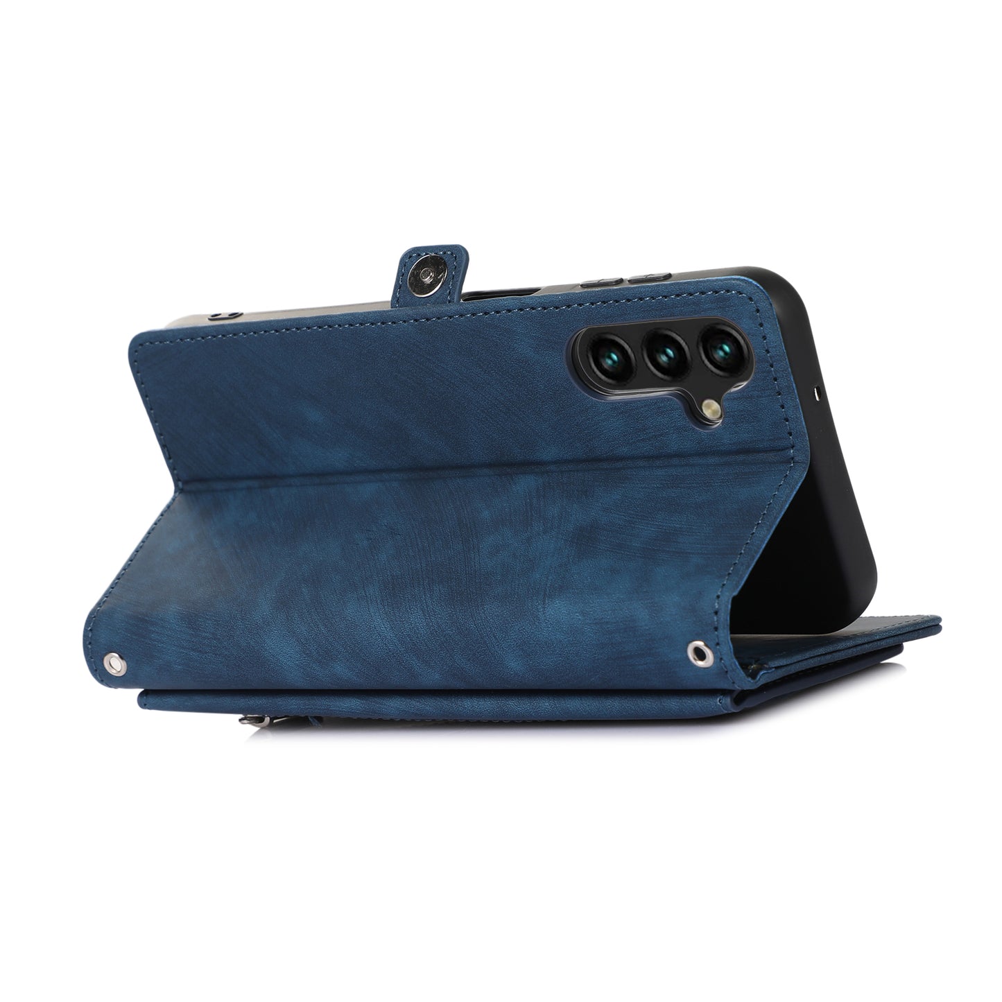 For Samsung Galaxy S24 Magnetic Phone Case PU Leather Cover with 9 Card Slots and Shoulder Strap - Blue
