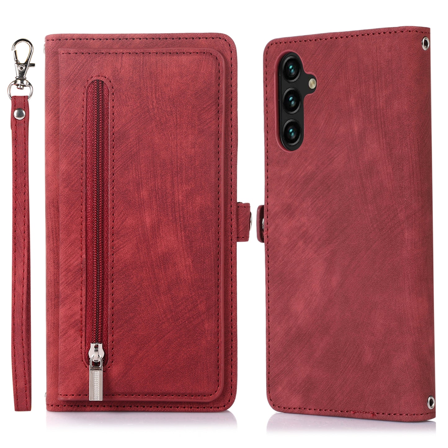 For Samsung Galaxy S24 Magnetic Phone Case PU Leather Cover with 9 Card Slots and Shoulder Strap - Red