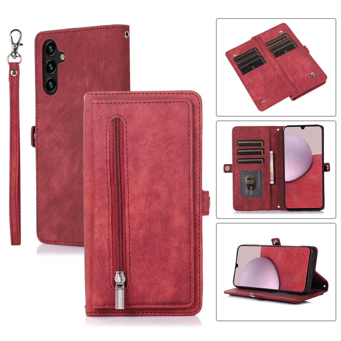 For Samsung Galaxy S24 Magnetic Phone Case PU Leather Cover with 9 Card Slots and Shoulder Strap - Red