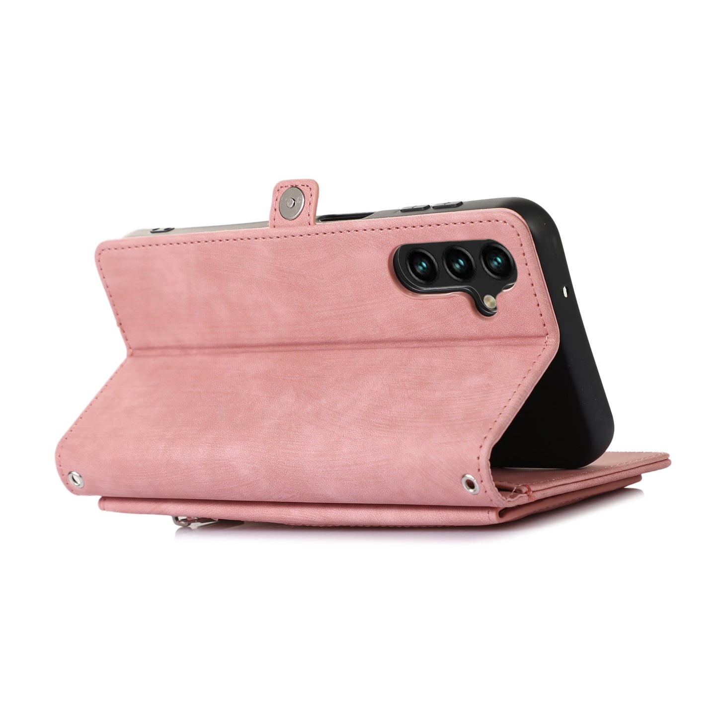 For Samsung Galaxy S24 Magnetic Phone Case PU Leather Cover with 9 Card Slots and Shoulder Strap - Rose Gold