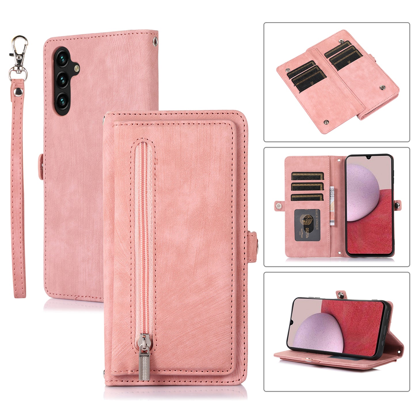 For Samsung Galaxy S24 Magnetic Phone Case PU Leather Cover with 9 Card Slots and Shoulder Strap - Rose Gold