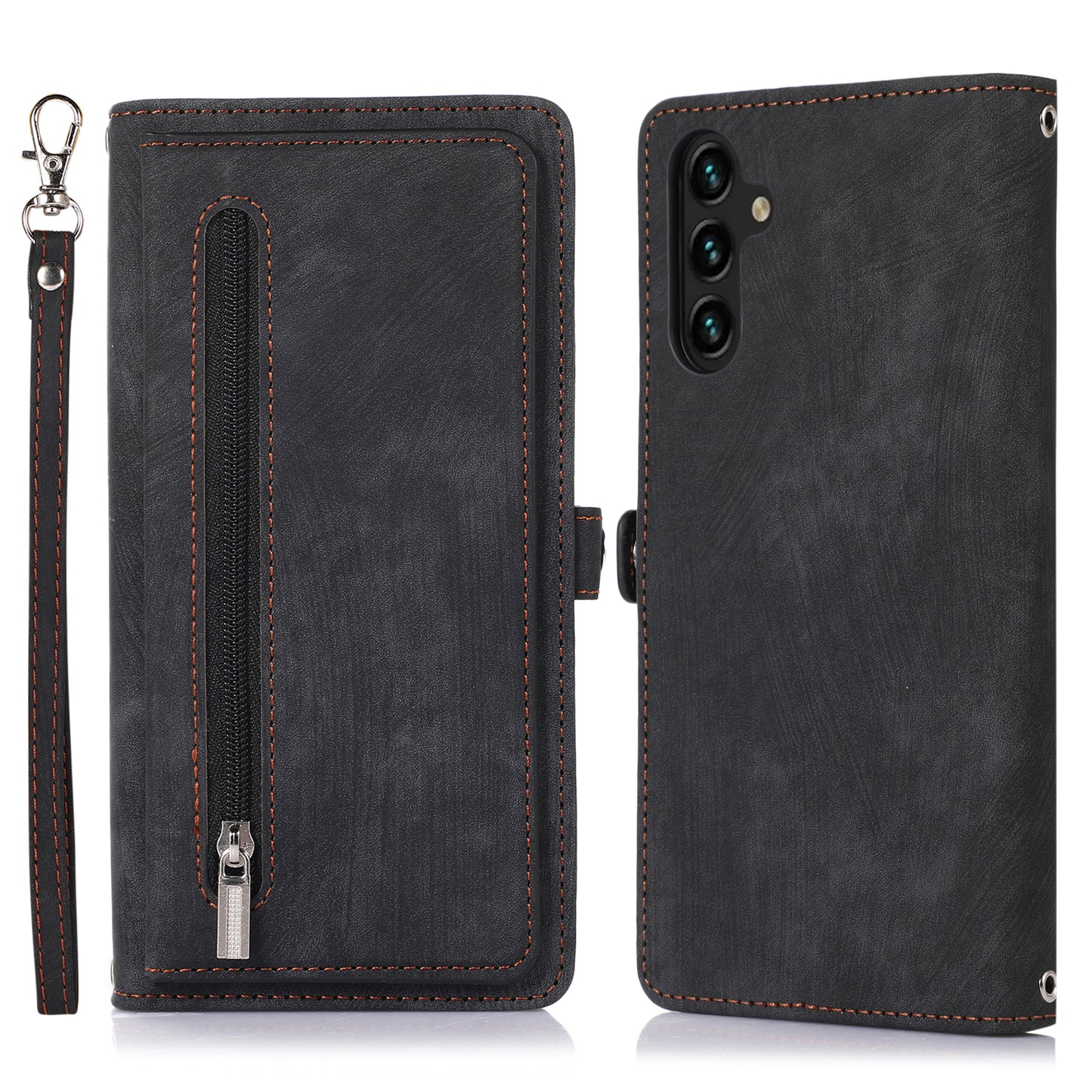 For Samsung Galaxy S24 Magnetic Phone Case PU Leather Cover with 9 Card Slots and Shoulder Strap - Black