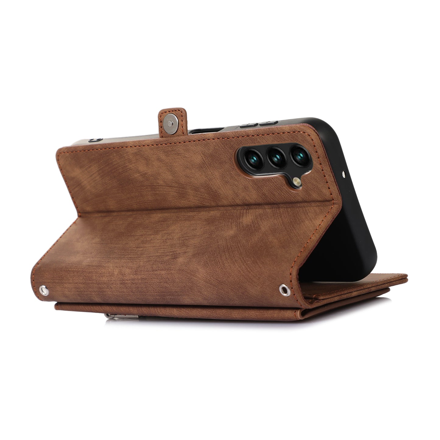 For Samsung Galaxy S24 Magnetic Phone Case PU Leather Cover with 9 Card Slots and Shoulder Strap - Brown