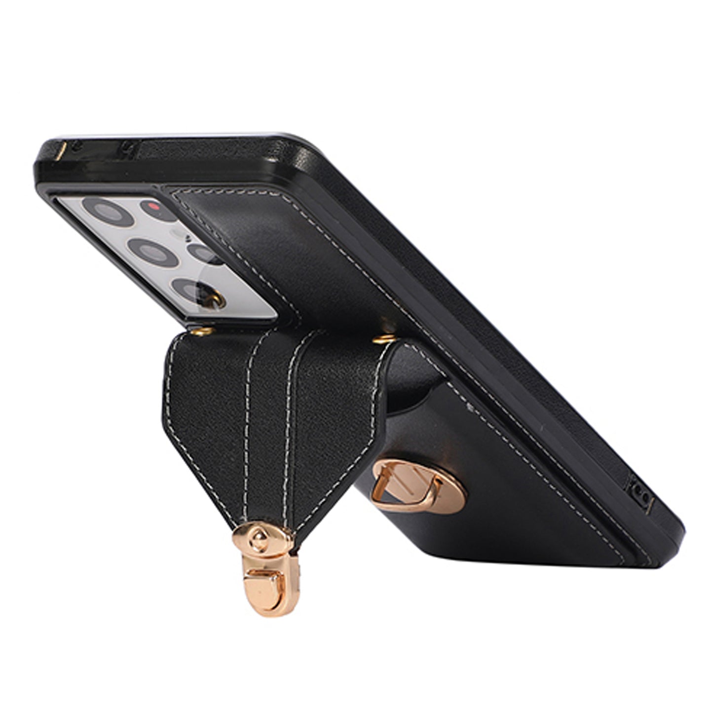 For Samsung Galaxy S24 Ultra Cell Phone Case Card Holder Kickstand Leather+TPU Cover - Black