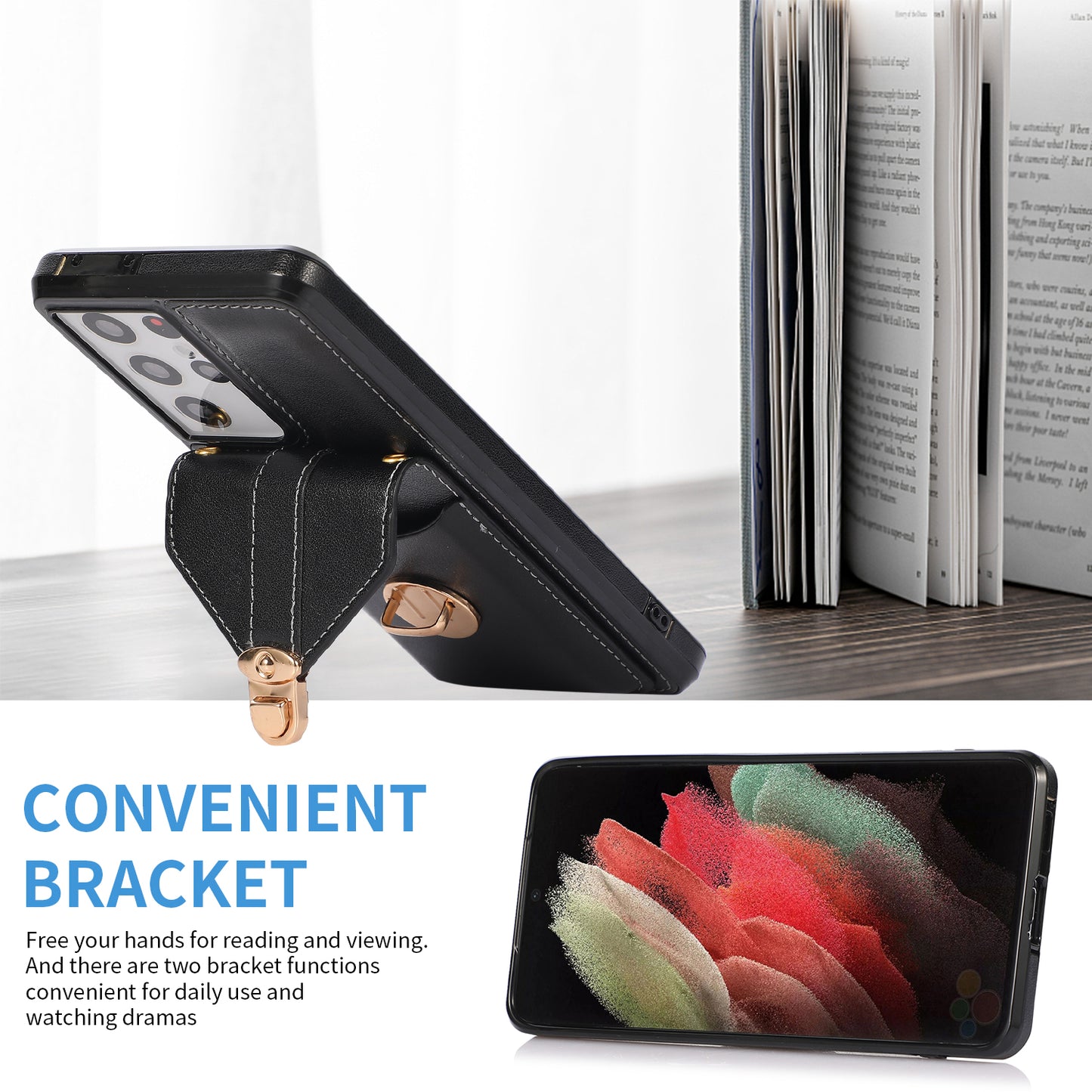 For Samsung Galaxy S24 Ultra Cell Phone Case Card Holder Kickstand Leather+TPU Cover - Black