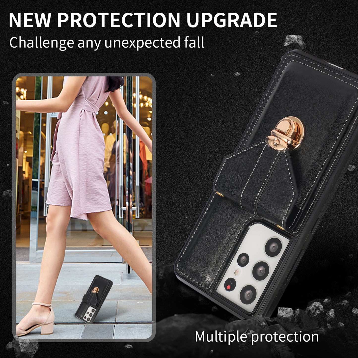 For Samsung Galaxy S24 Ultra Cell Phone Case Card Holder Kickstand Leather+TPU Cover - Black