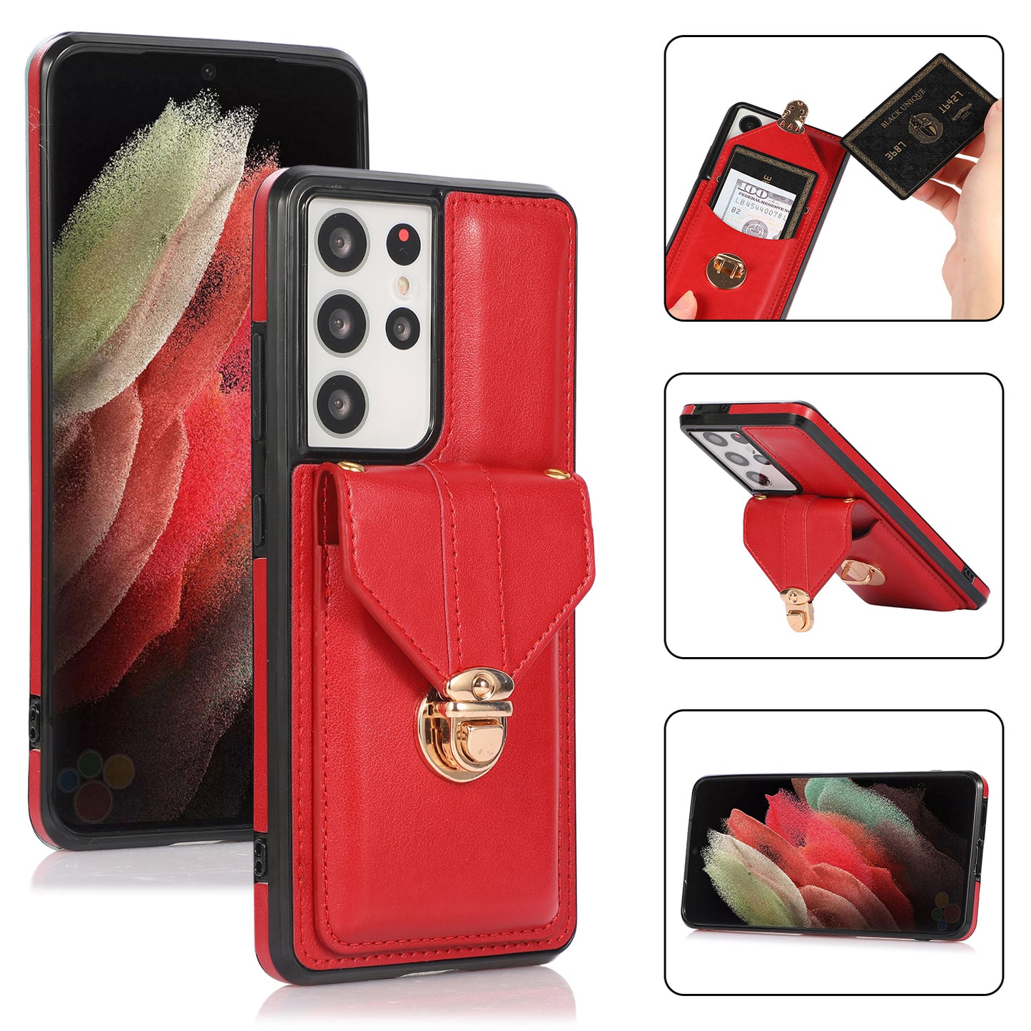 For Samsung Galaxy S24 Ultra Cell Phone Case Card Holder Kickstand Leather+TPU Cover - Red