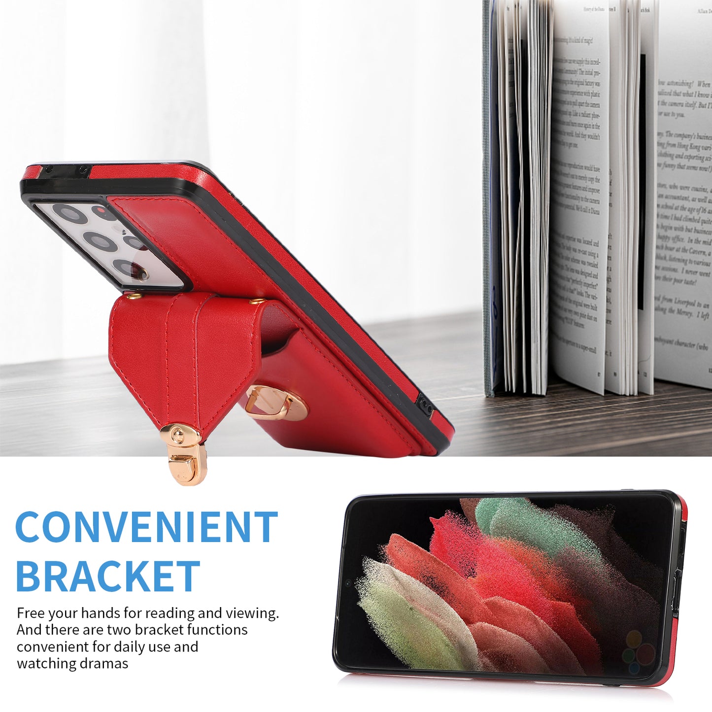 For Samsung Galaxy S24 Ultra Cell Phone Case Card Holder Kickstand Leather+TPU Cover - Red
