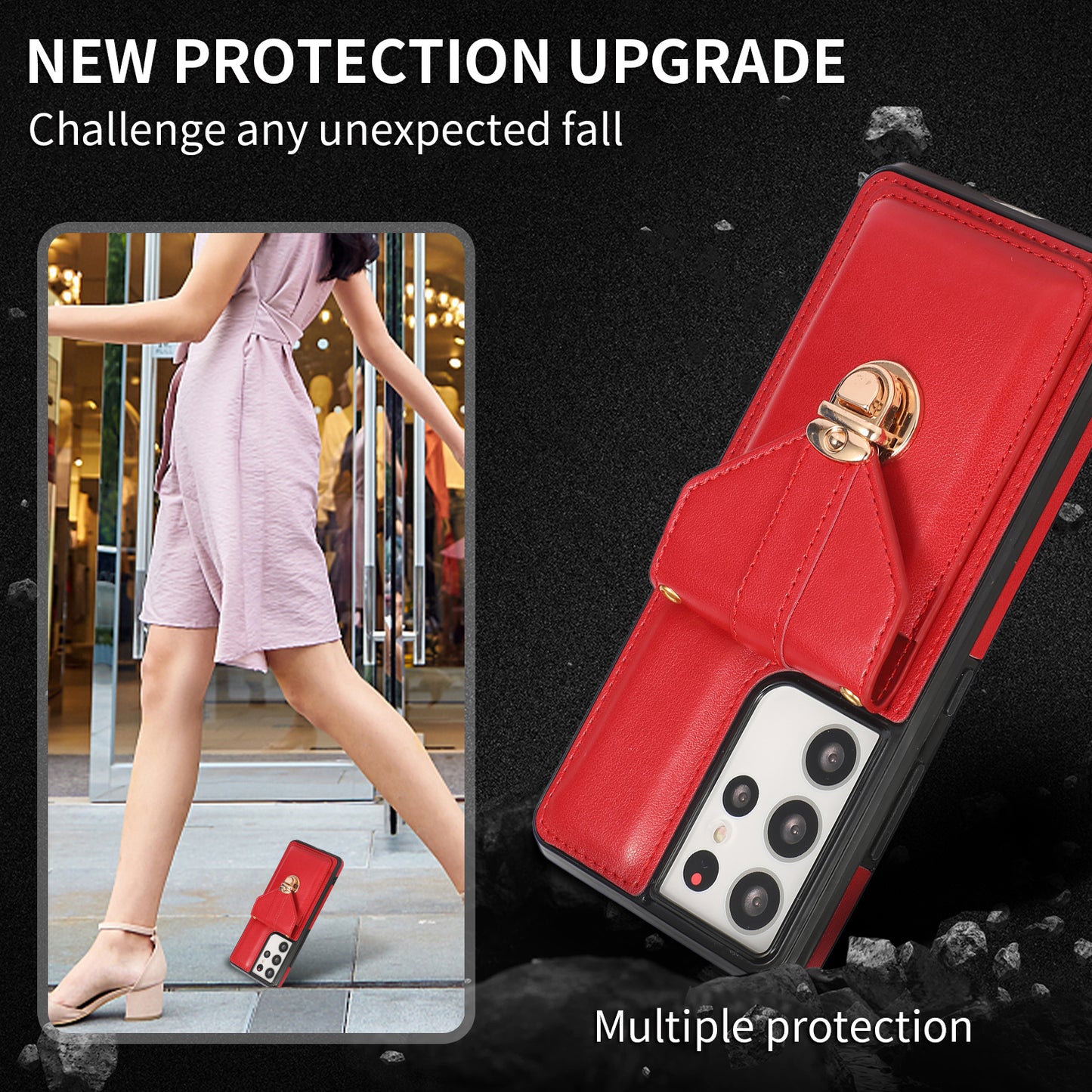 For Samsung Galaxy S24 Ultra Cell Phone Case Card Holder Kickstand Leather+TPU Cover - Red