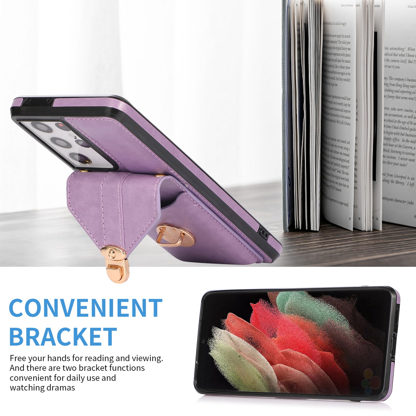 For Samsung Galaxy S24 Ultra Cell Phone Case Card Holder Kickstand Leather+TPU Cover - Purple