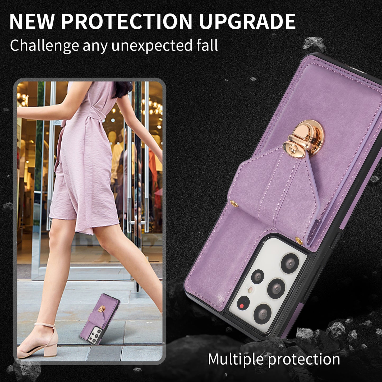 For Samsung Galaxy S24 Ultra Cell Phone Case Card Holder Kickstand Leather+TPU Cover - Purple