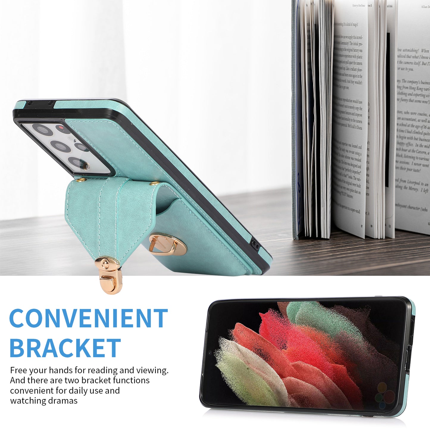 For Samsung Galaxy S24 Ultra Cell Phone Case Card Holder Kickstand Leather+TPU Cover - Green
