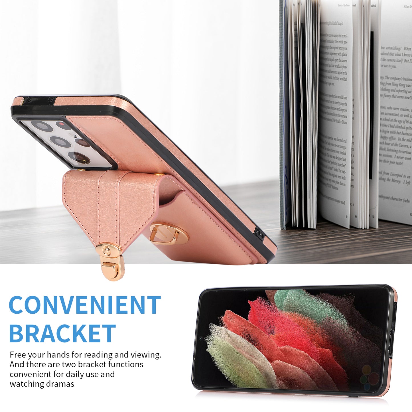 For Samsung Galaxy S24 Ultra Cell Phone Case Card Holder Kickstand Leather+TPU Cover - Rose Gold