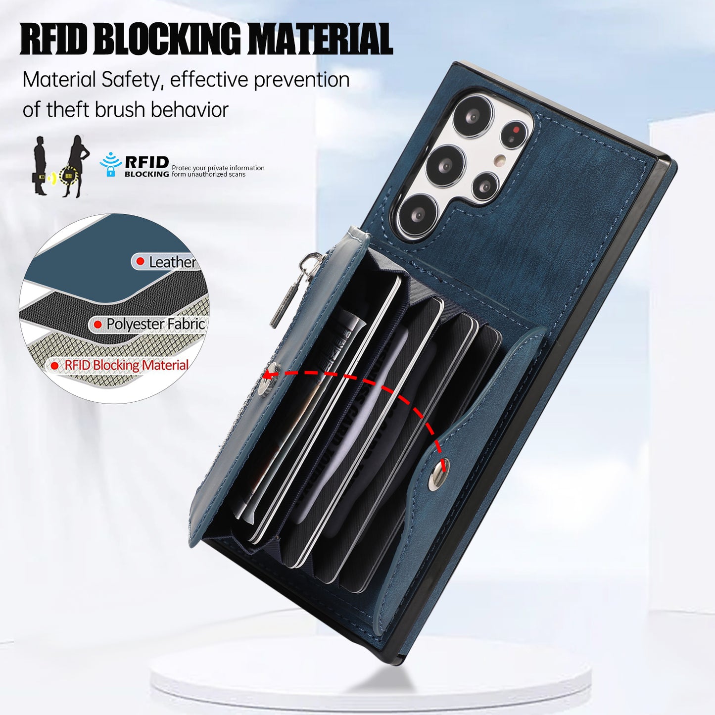 For Samsung Galaxy S24 Ultra Cell Phone Case PU Leather+TPU Card Bag Cover with 2 Straps - Blue