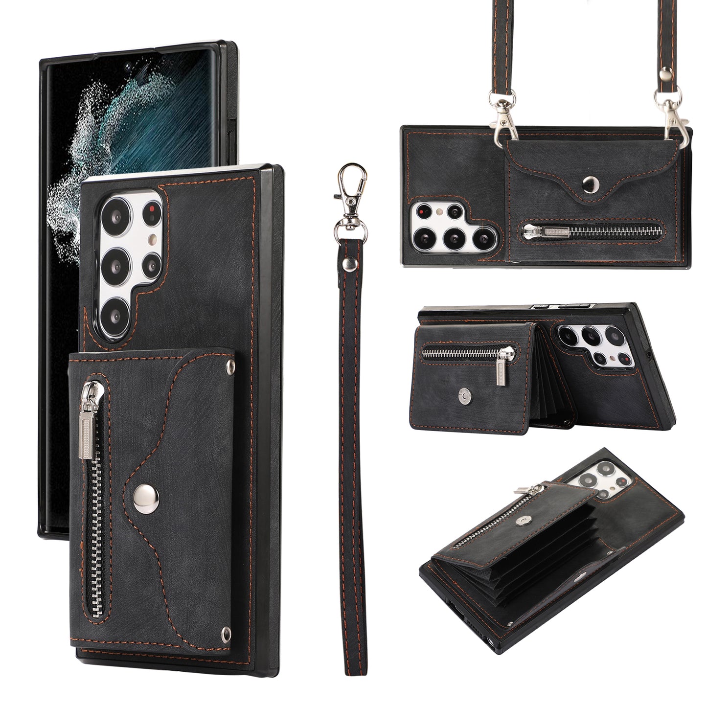 For Samsung Galaxy S24 Ultra Cell Phone Case PU Leather+TPU Card Bag Cover with 2 Straps - Black