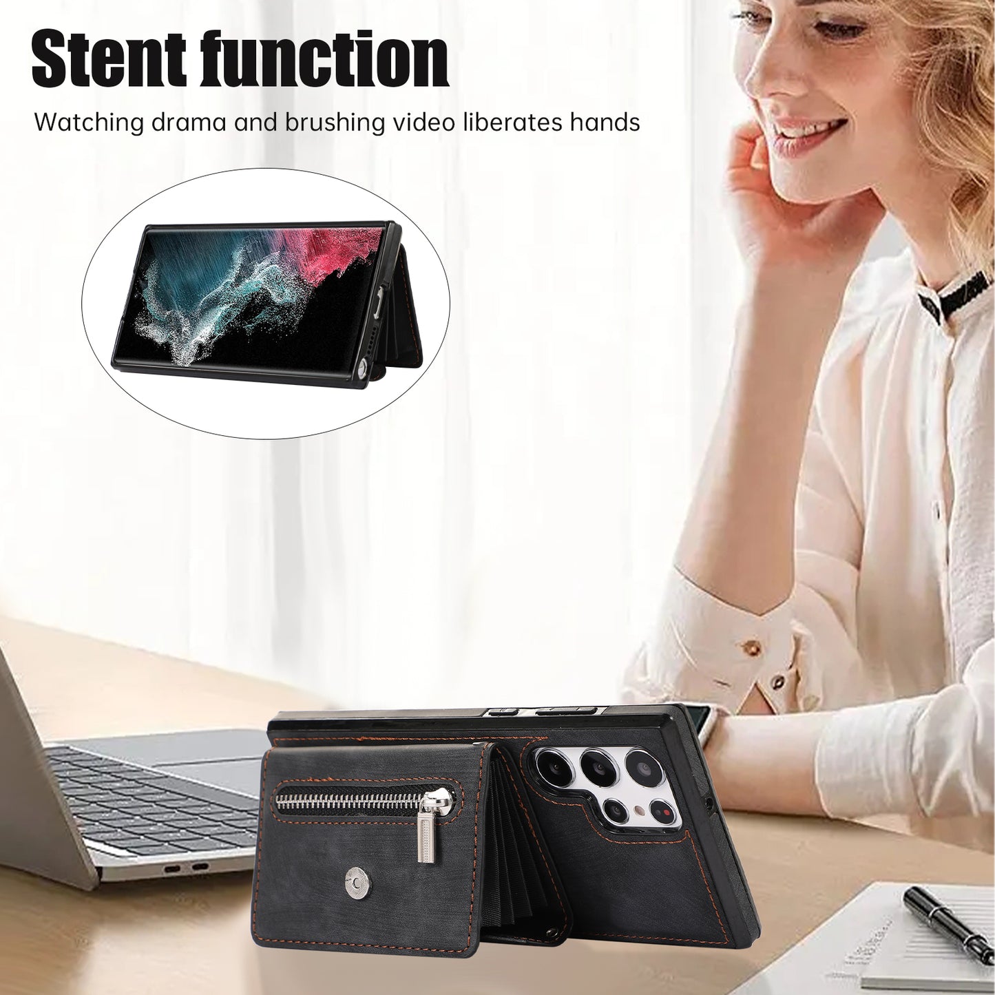 For Samsung Galaxy S24 Ultra Cell Phone Case PU Leather+TPU Card Bag Cover with 2 Straps - Black